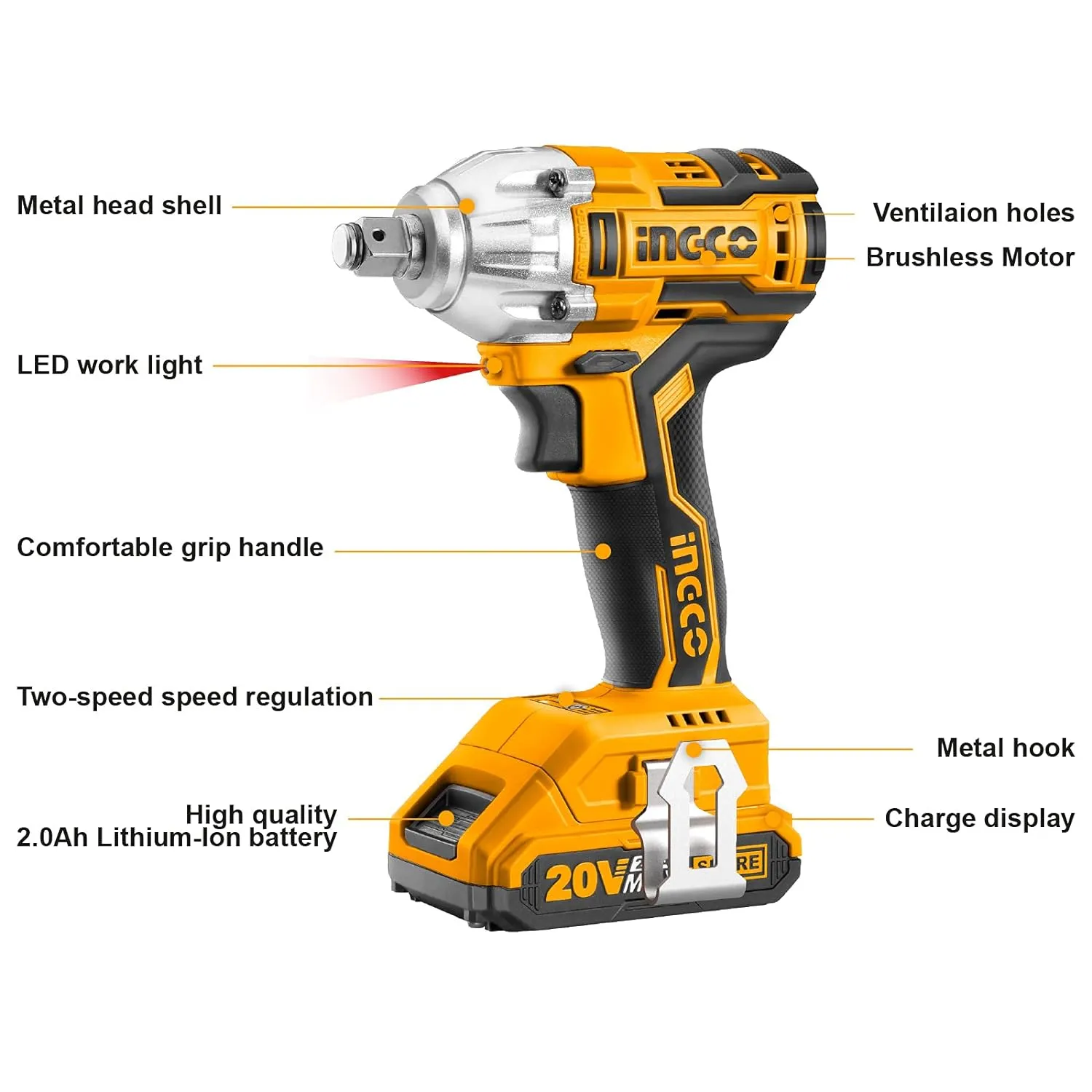 Ingco Brushless Impact Driver 20V Li-Ion Cordless Impact Driver With 2Pcs 2.0Ah Batteries, 1 Pcs Charger, 1/4 Inch, 170Nm, Multicolor  CIWLI2001