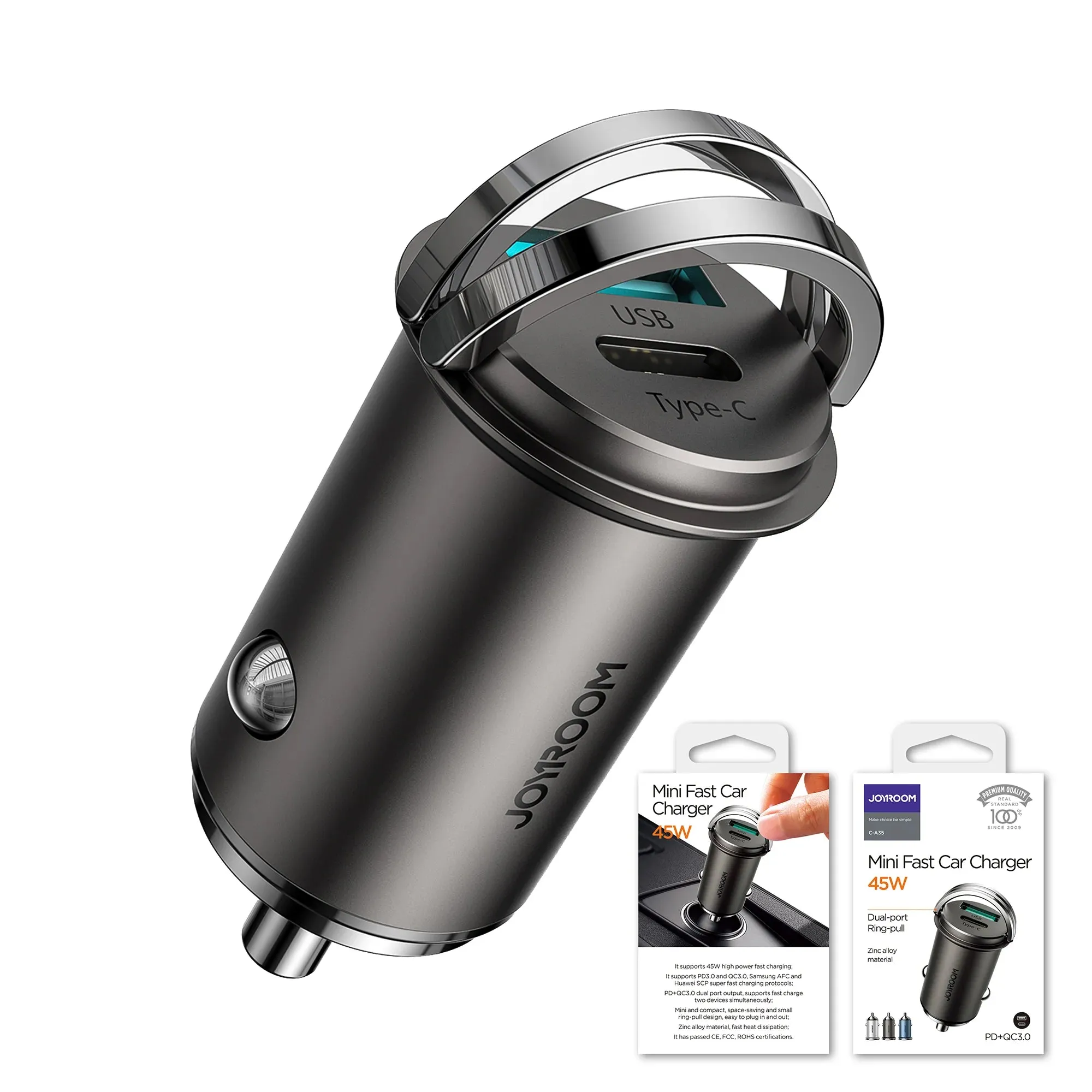 Joyroom C-A35 45w Mini Dual-Port Pd Qc 3.0 Ring-Pull Fast Car Charger