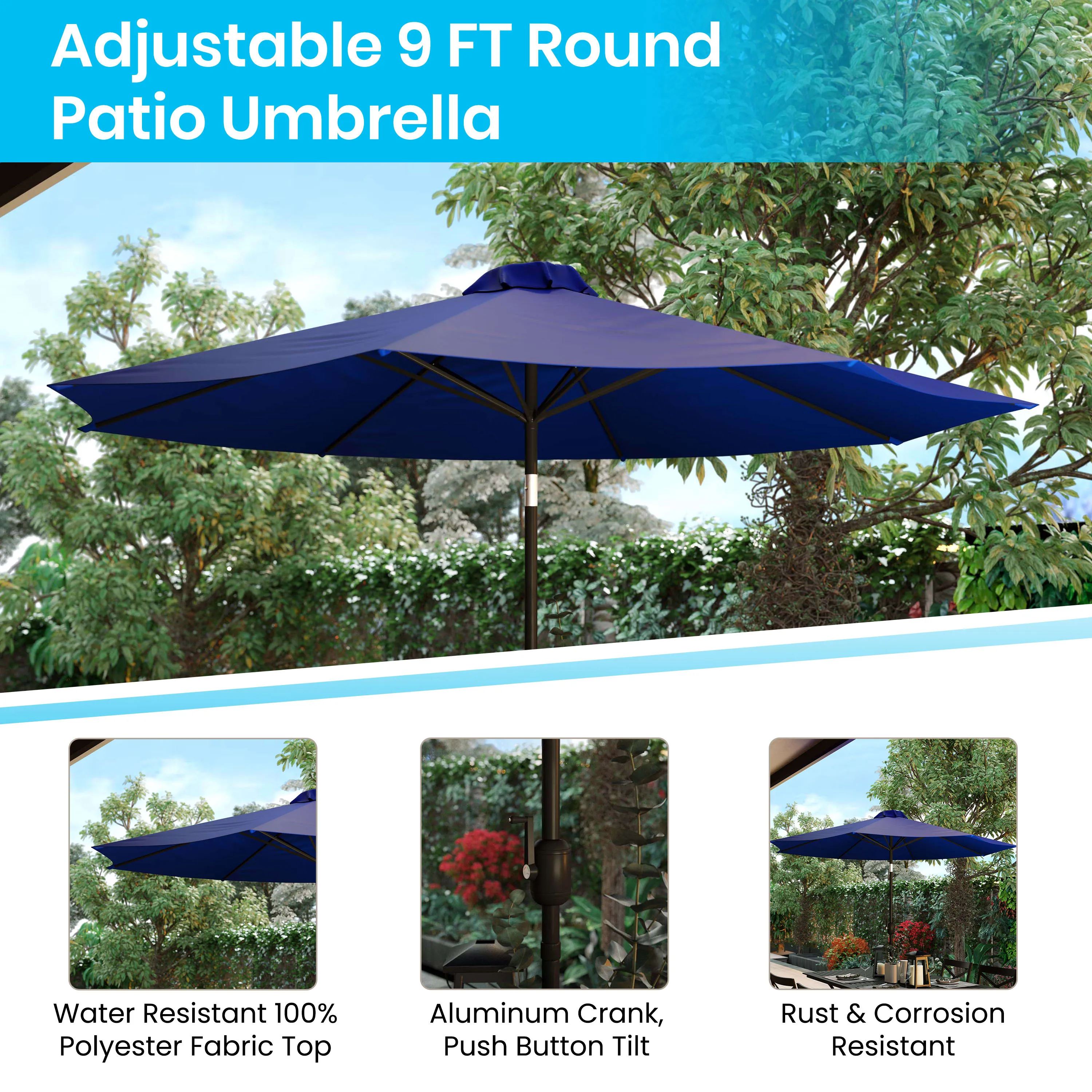 Kona 9 FT Round Umbrella with 1.5" Diameter Aluminum Pole with Crank and Tilt Function