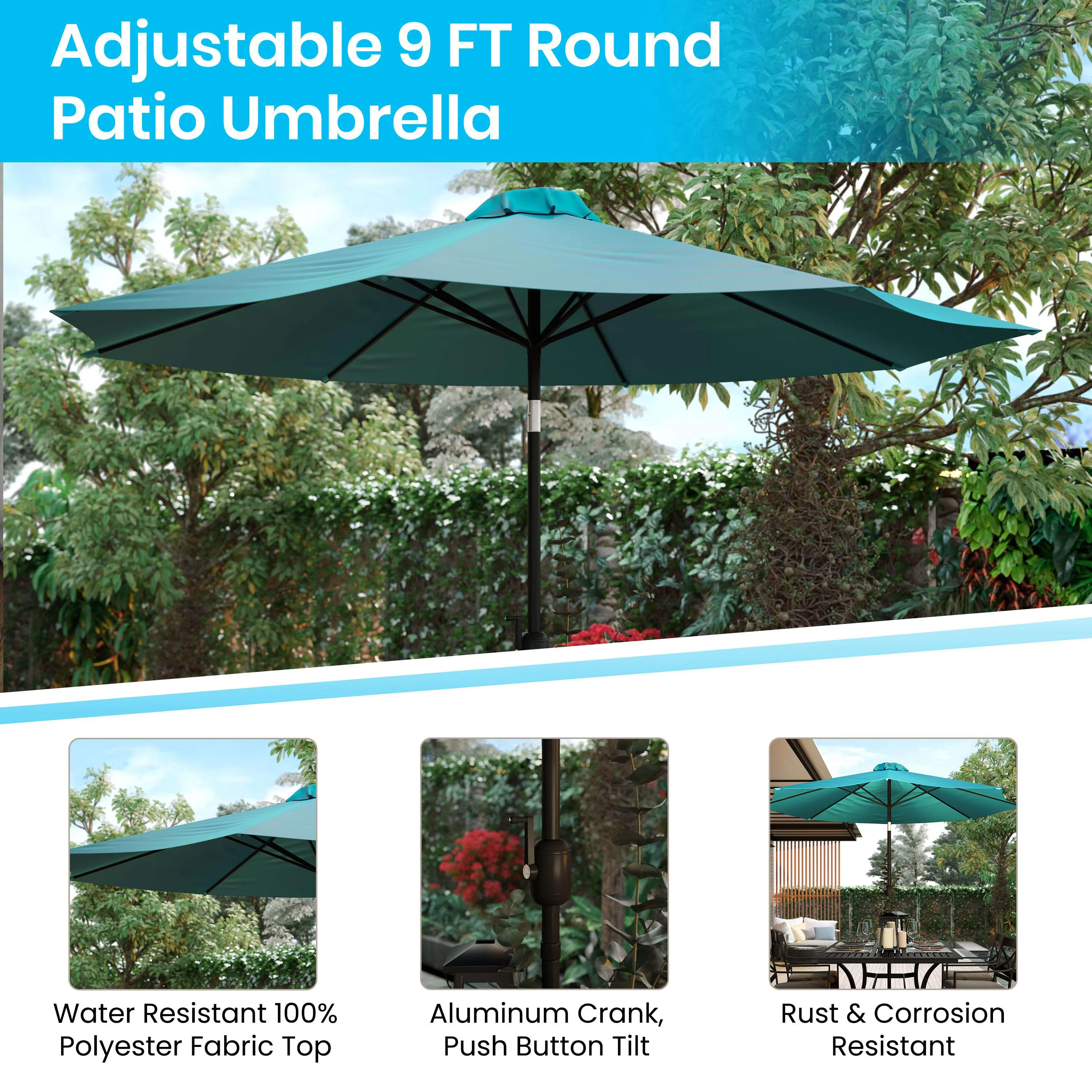 Kona 9 FT Round Umbrella with 1.5" Diameter Aluminum Pole with Crank and Tilt Function