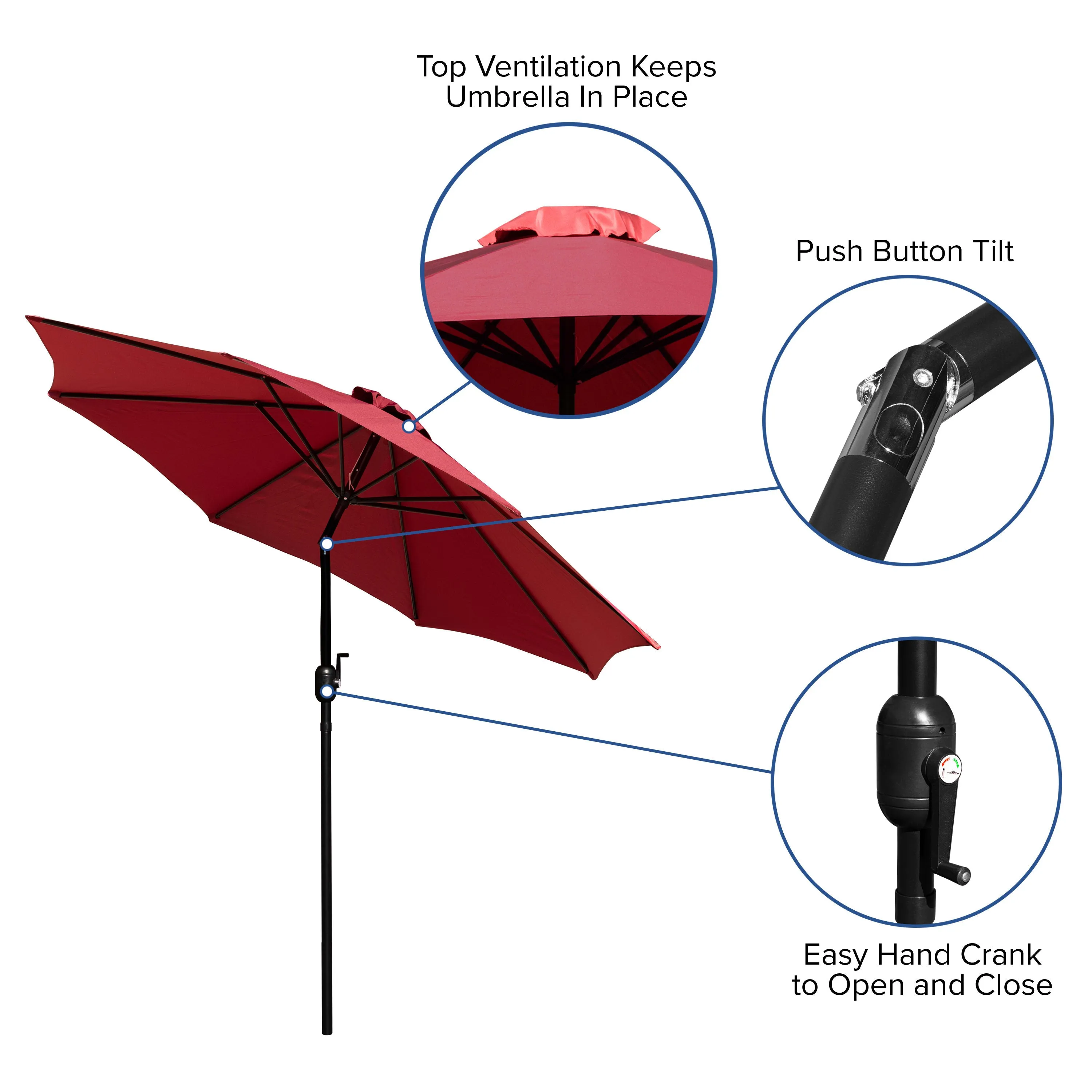 Kona 9 FT Round Umbrella with 1.5" Diameter Aluminum Pole with Crank and Tilt Function