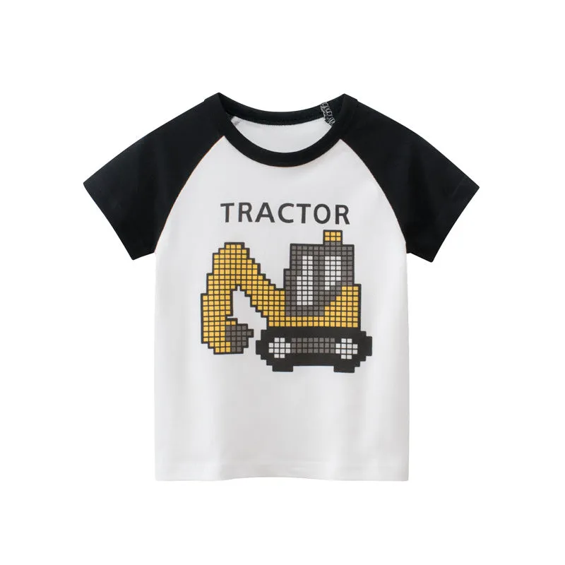 Little Boys Tractor Print Short Sleeve Round-neck Cotton T-Shirt