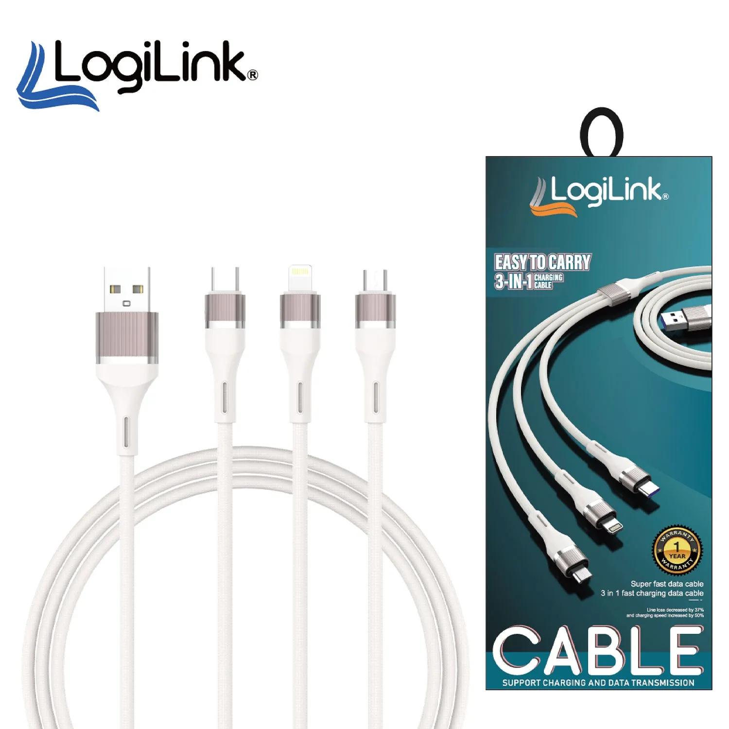 LOGILINK 3IN1 USB TO MICRO/TYPE C/IPHONE NYLON DATA CABLE 6A FAST CHARGING 1M