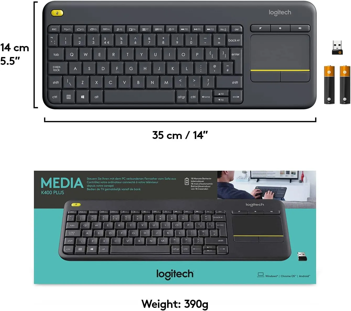 Logitech K400 Plus Wireless Touch TV Keyboard with Built-in Touchpad, Media Controls, QWERTY UK Layout - Black