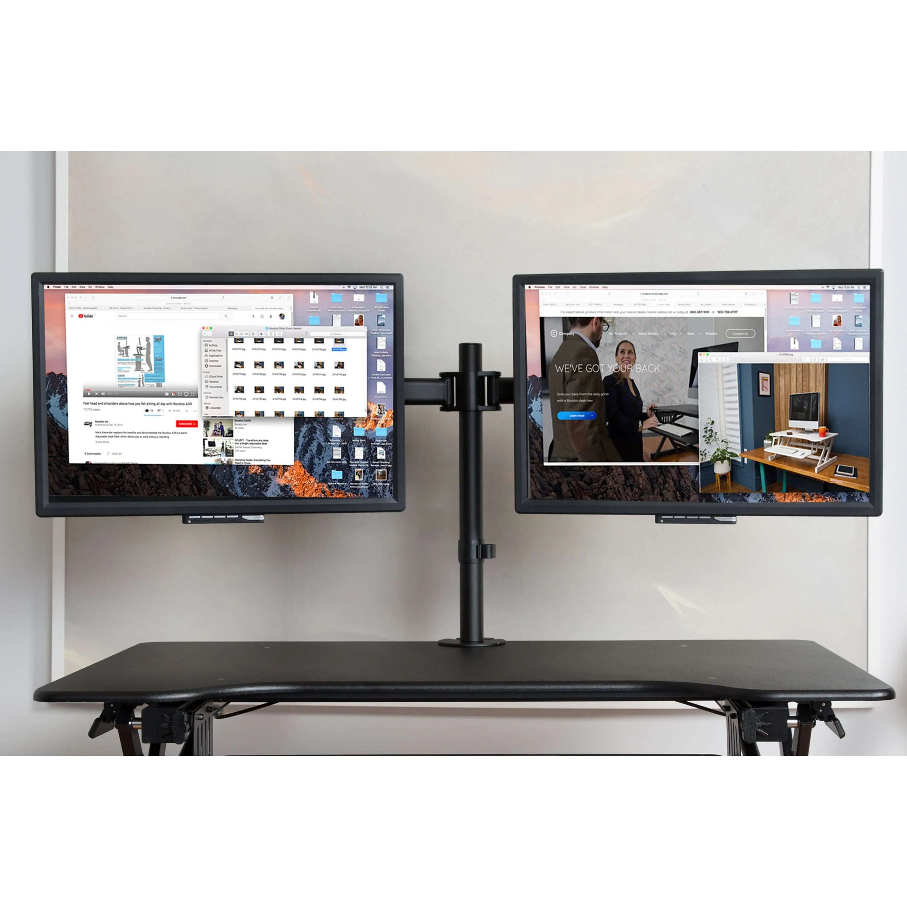 Lorell/Rocelco Black Double-Articulated Dual Monitor Desk Mount Arm for 13"-27” Computer Monitors, R DM2