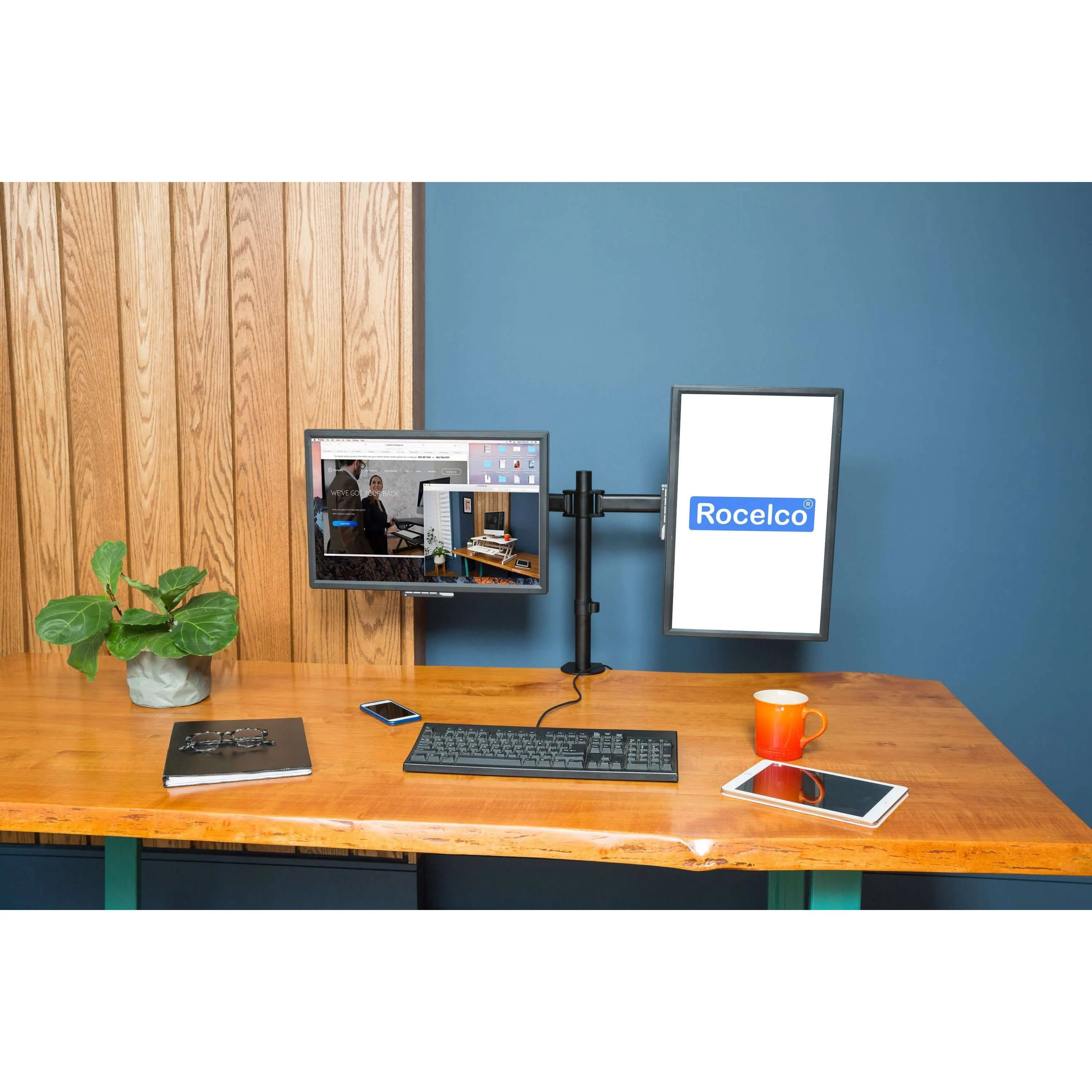 Lorell/Rocelco Black Double-Articulated Dual Monitor Desk Mount Arm for 13"-27” Computer Monitors, R DM2