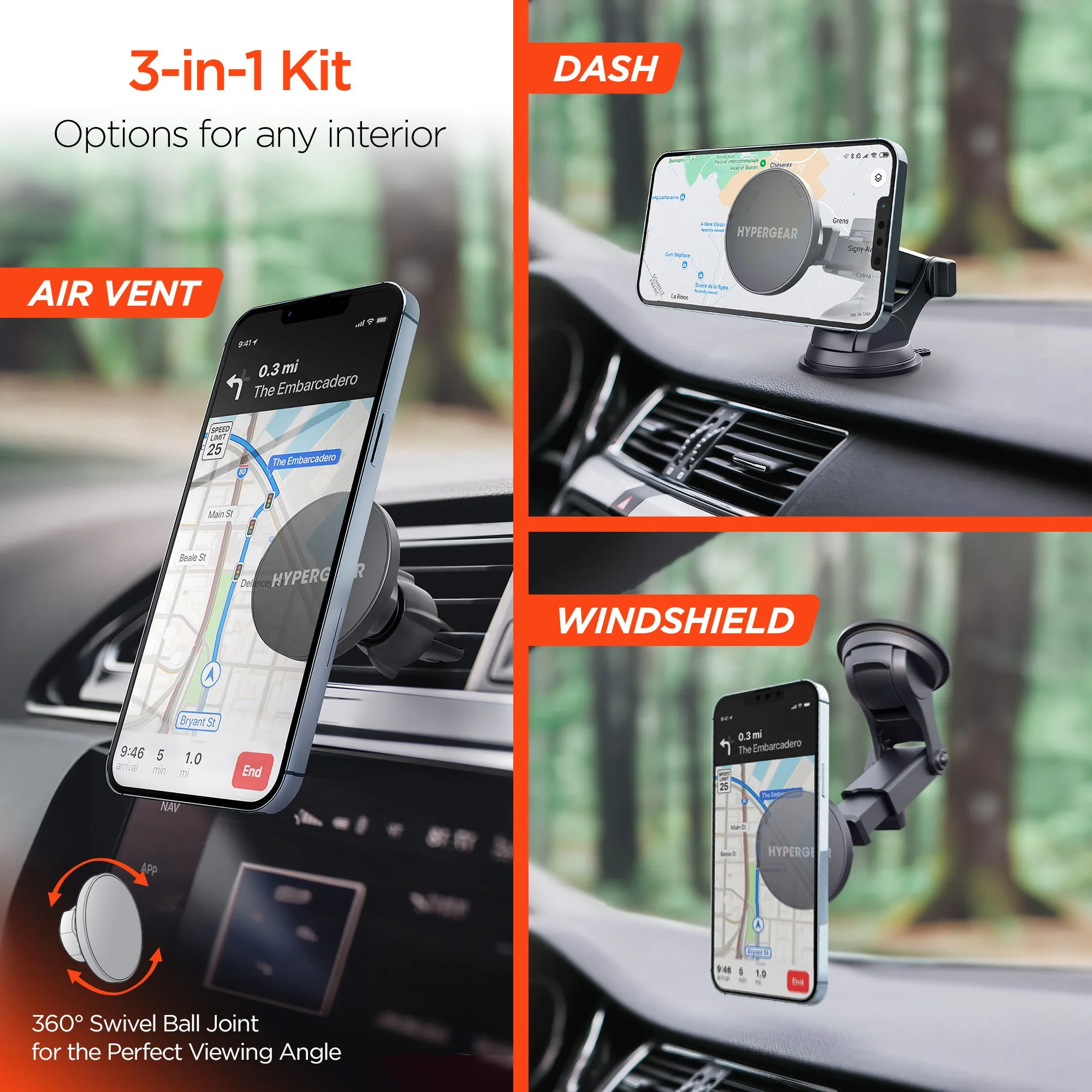 Mag Grip Phone Mount Kit with MagSafe | Vent   Dash   Windshield | for iPhone 15, 14, 13 Series |Black