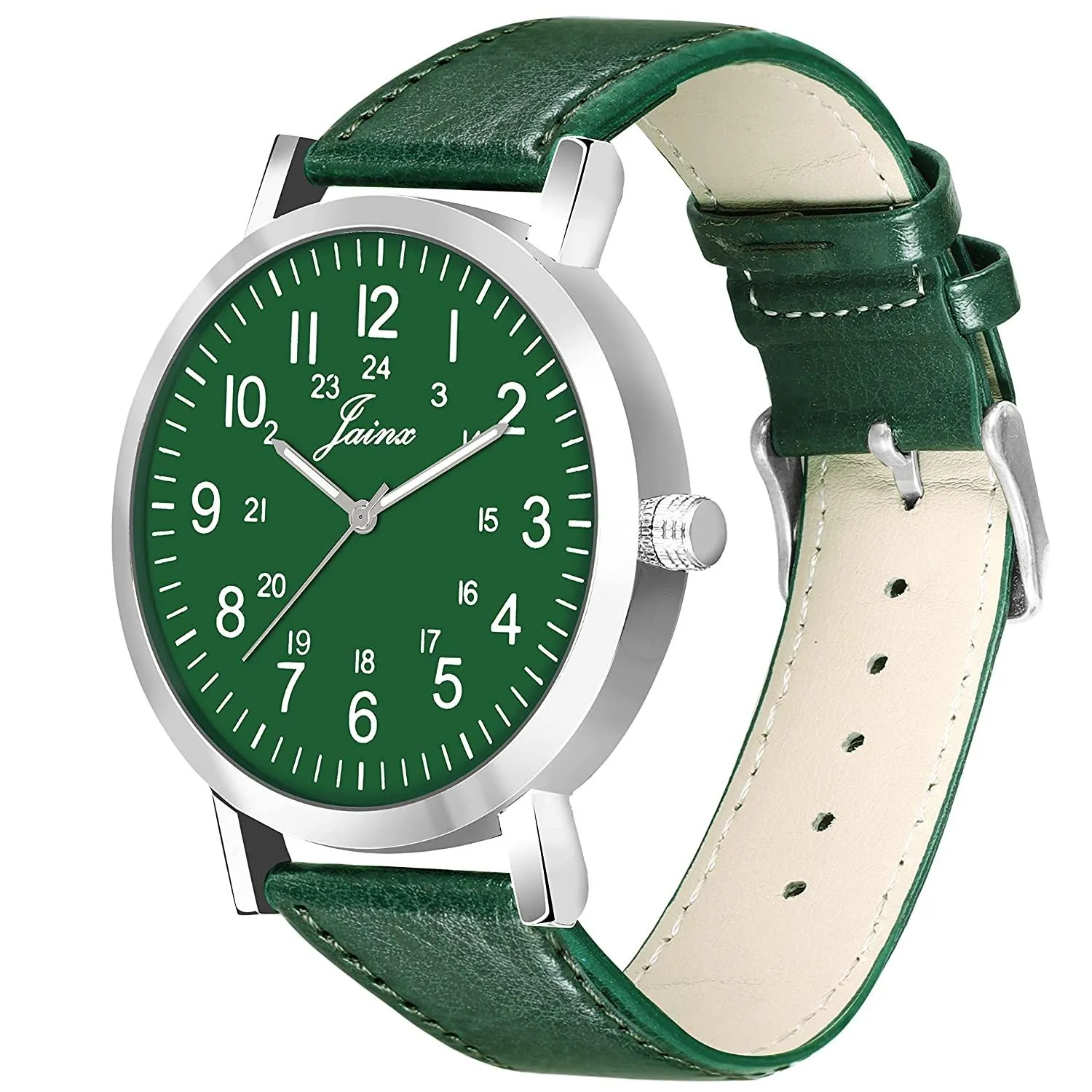 Men's Green Leather Strap Analogue Watch - Jainx JM7143