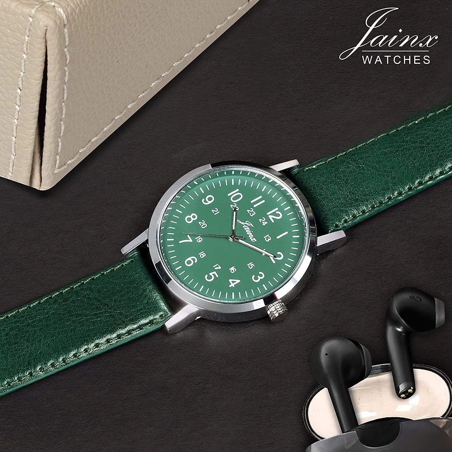 Men's Green Leather Strap Analogue Watch - Jainx JM7143