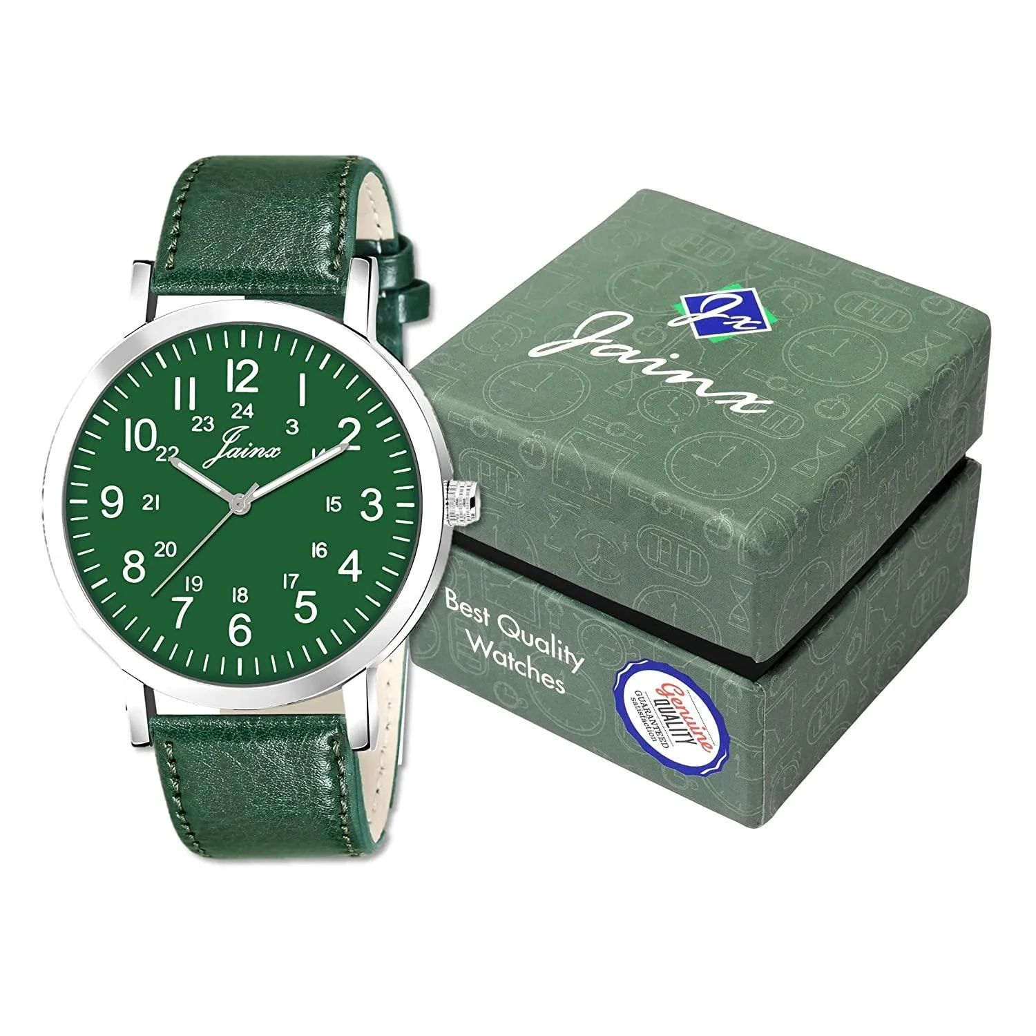 Men's Green Leather Strap Analogue Watch - Jainx JM7143