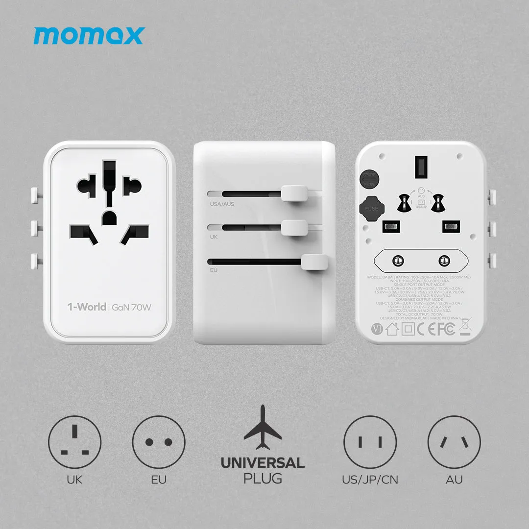 MOMAX 1-World PD 70W GaN 5-Port   AC Charger Universal Travel Adapter