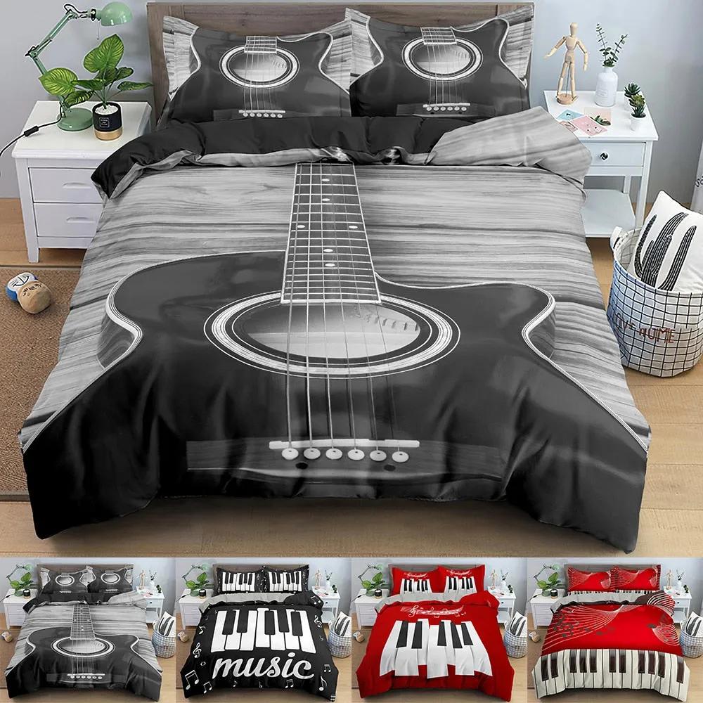 Music Bedding Set Piano Keyboard Music Note Duvet Cover Queen Size Bed Linen Comforter Microfiber Guitar Bedding Sets