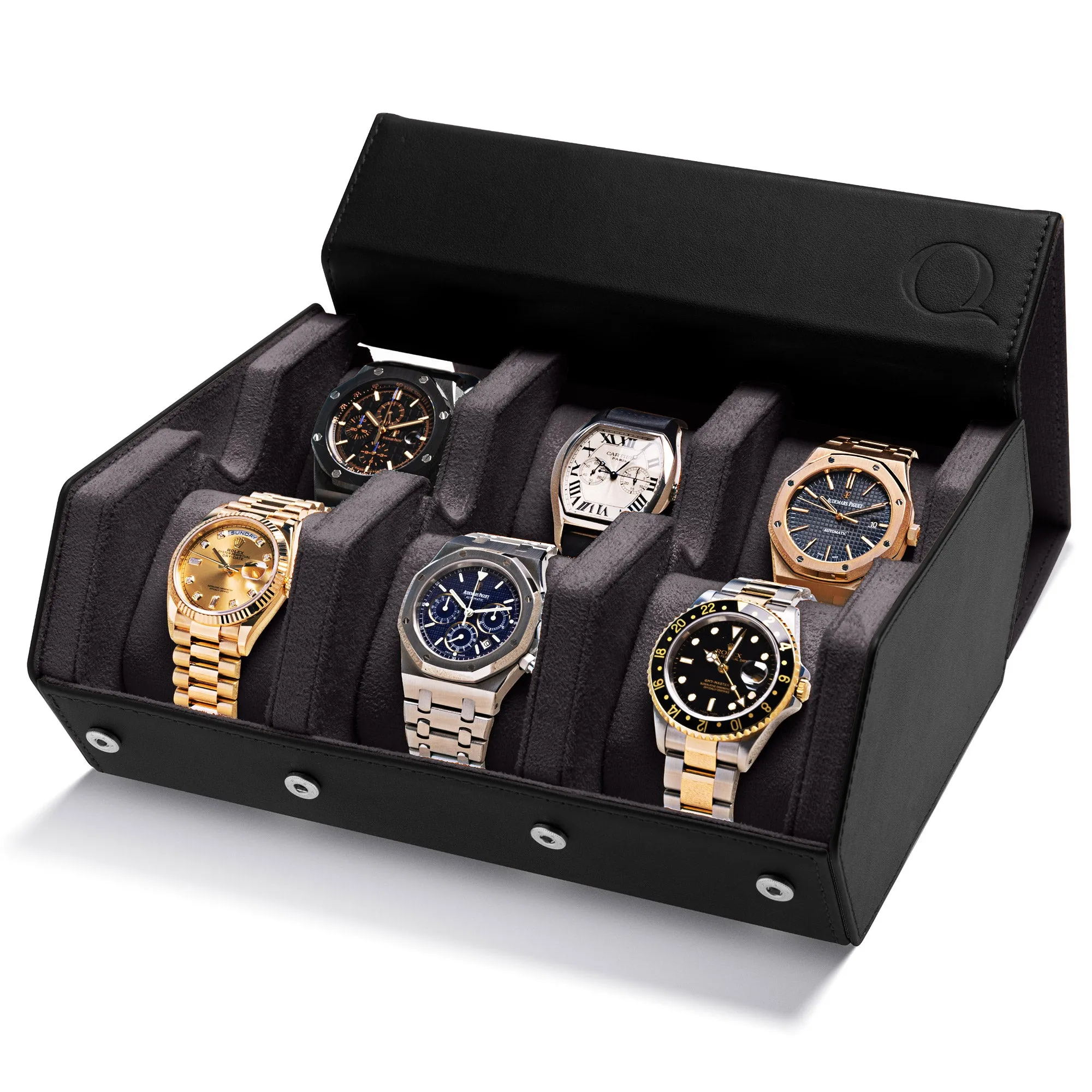 Napa Leather Watch Case - Six Slot Luxury Watch Roll Storage Organizer & Display