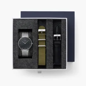 Native - BUNDLE Black Dial Silver | Silver Mesh / Olive Green Nylon / Black Leather Strap