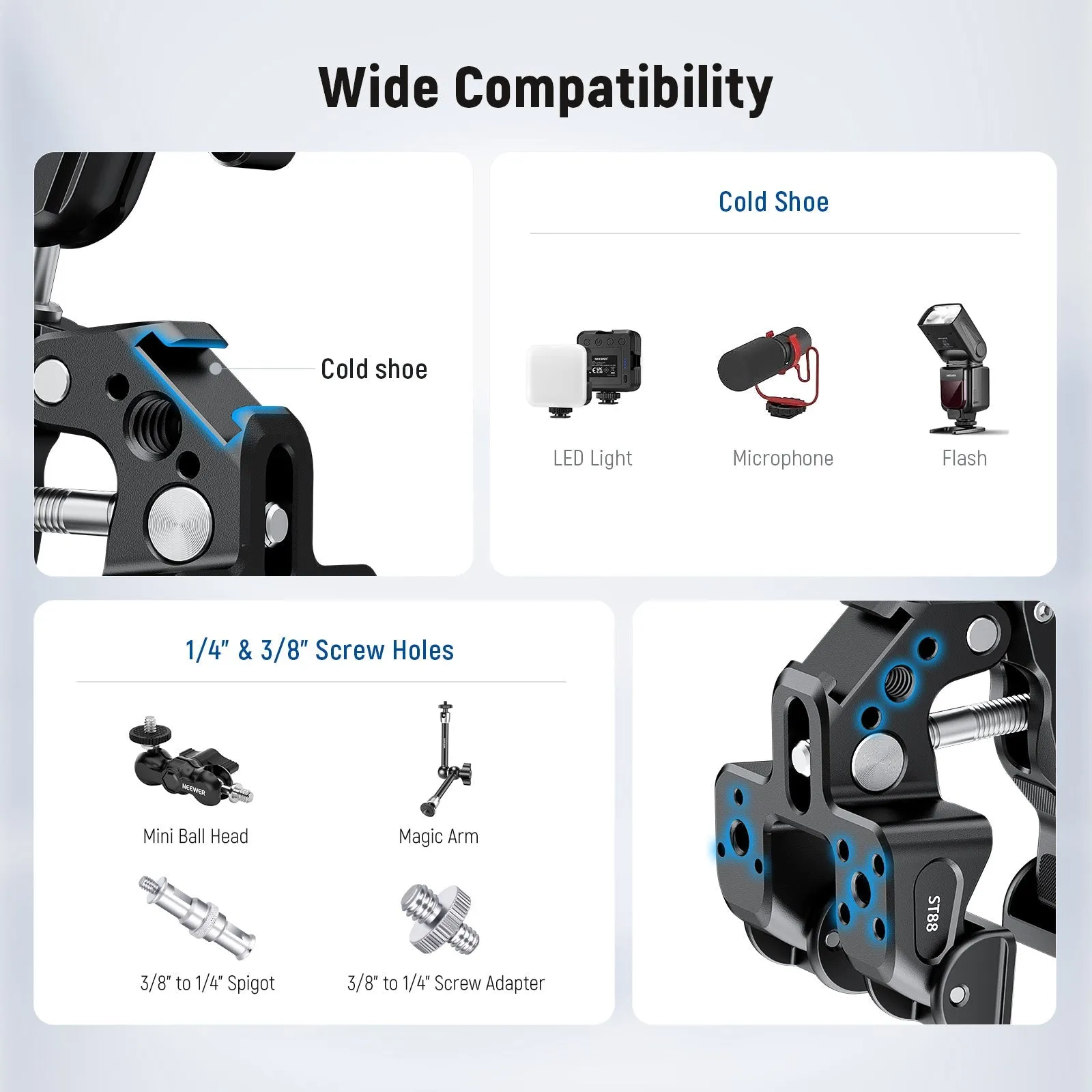 NEEWER ST88 Super Clamp with 3" Dual Ballhead Magic Arm