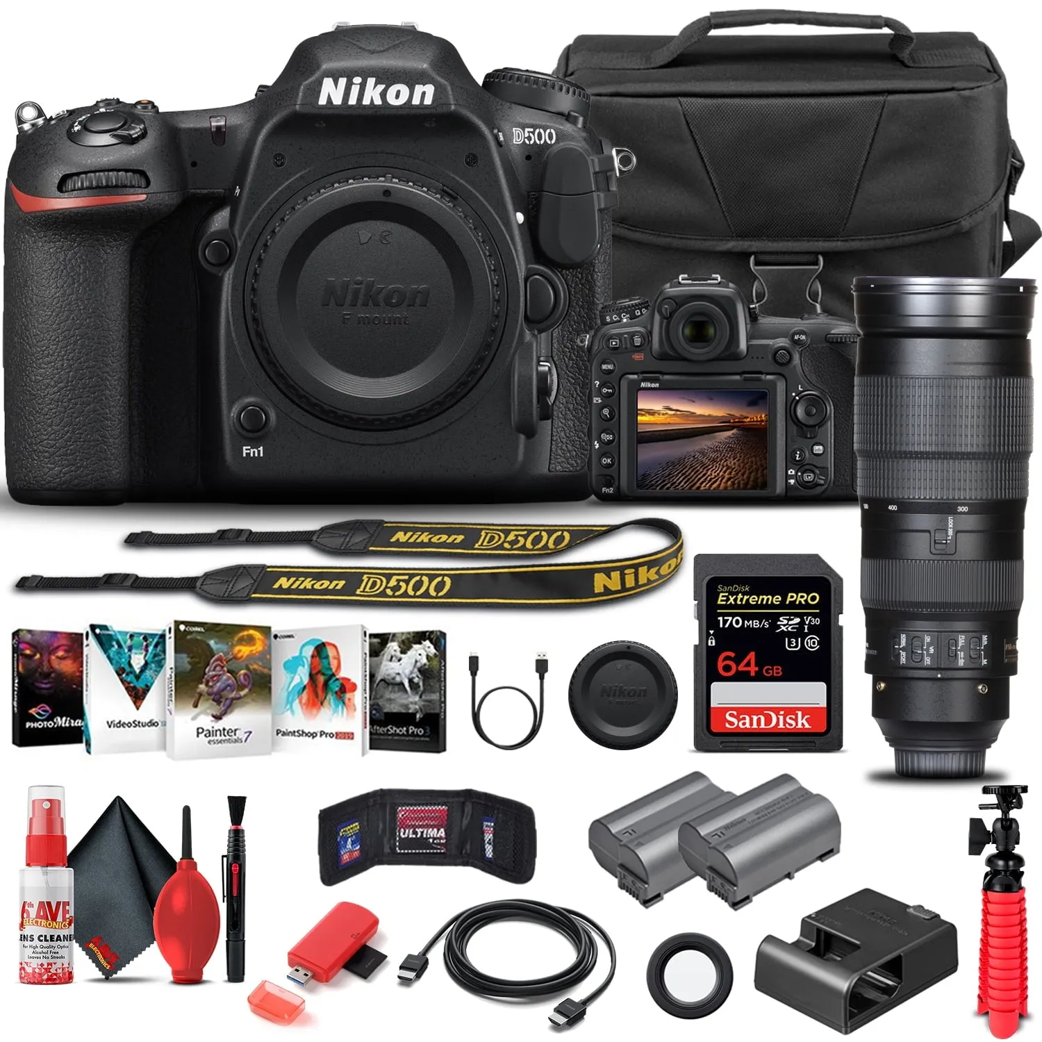 Nikon D500 DSLR Camera Body Only 1559 W/ Nikon 200-500mm Lens  - Basic Bundle