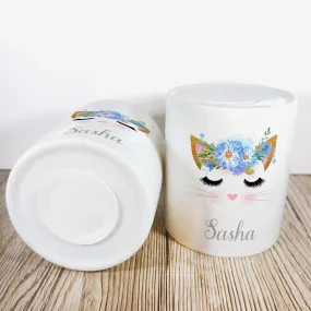 Personalised Kitty Money Pot | Blue Flowers