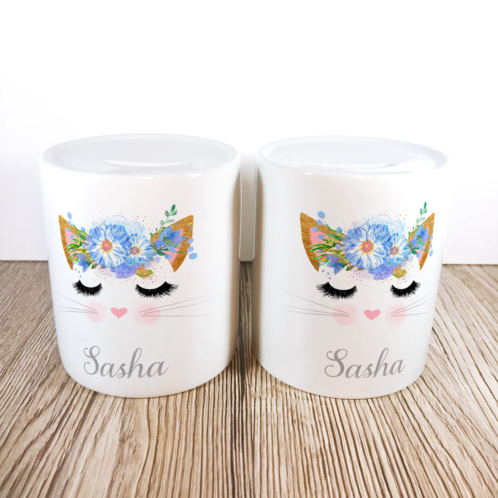 Personalised Kitty Money Pot | Blue Flowers