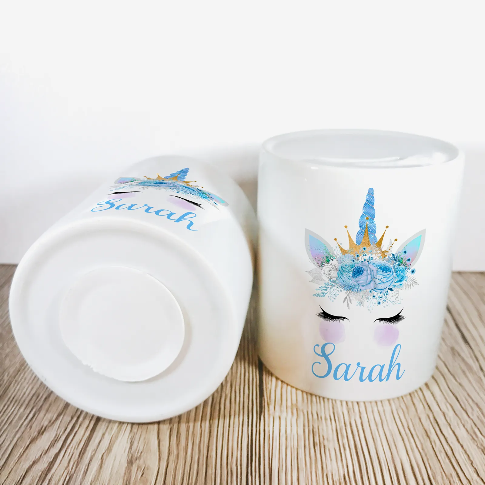 Personalised Unicorn Money Pot | Blue Flowers & Horn