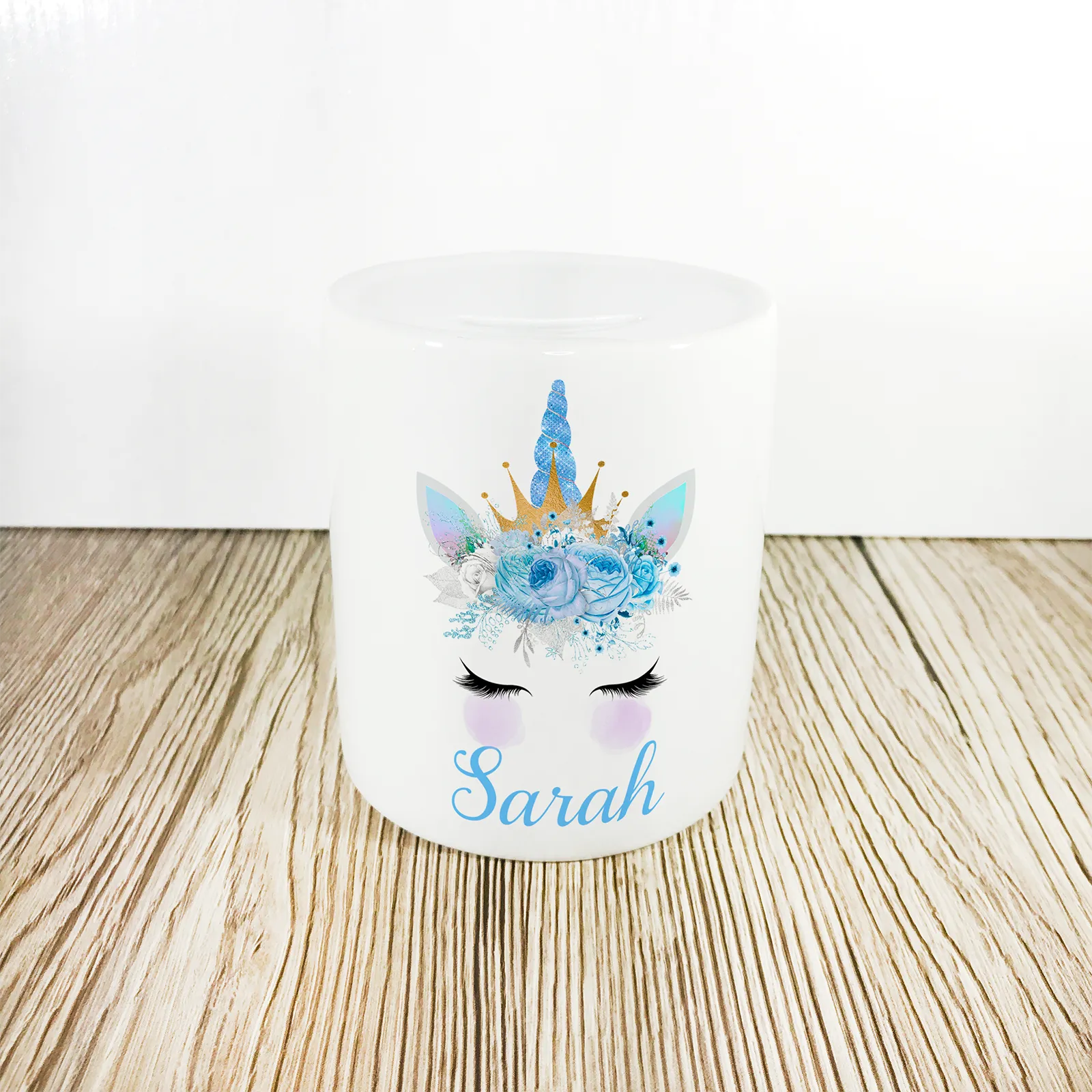 Personalised Unicorn Money Pot | Blue Flowers & Horn