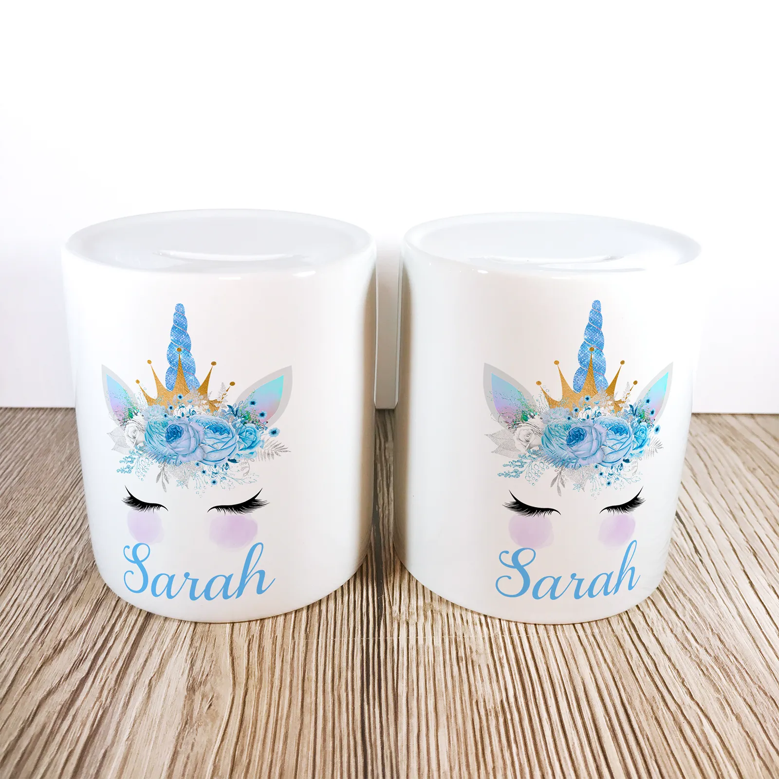 Personalised Unicorn Money Pot | Blue Flowers & Horn