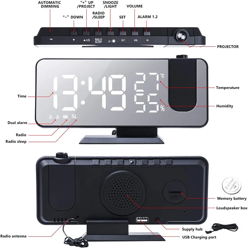 Projection LED Digital Alarm Clock Dual Temperature & Humidity Display Clock