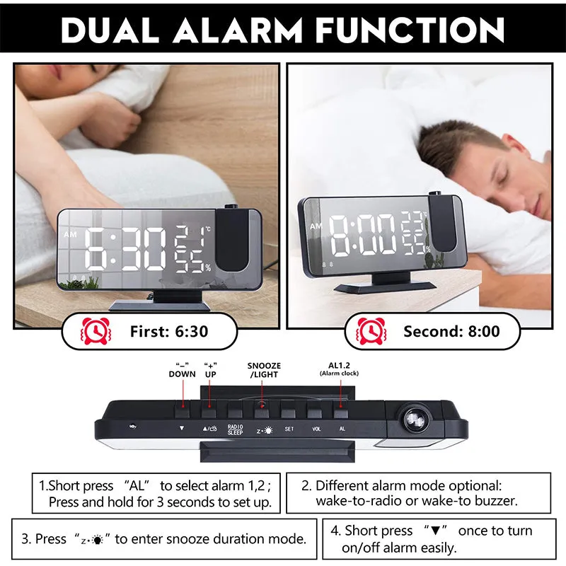 Projection LED Digital Alarm Clock Dual Temperature & Humidity Display Clock