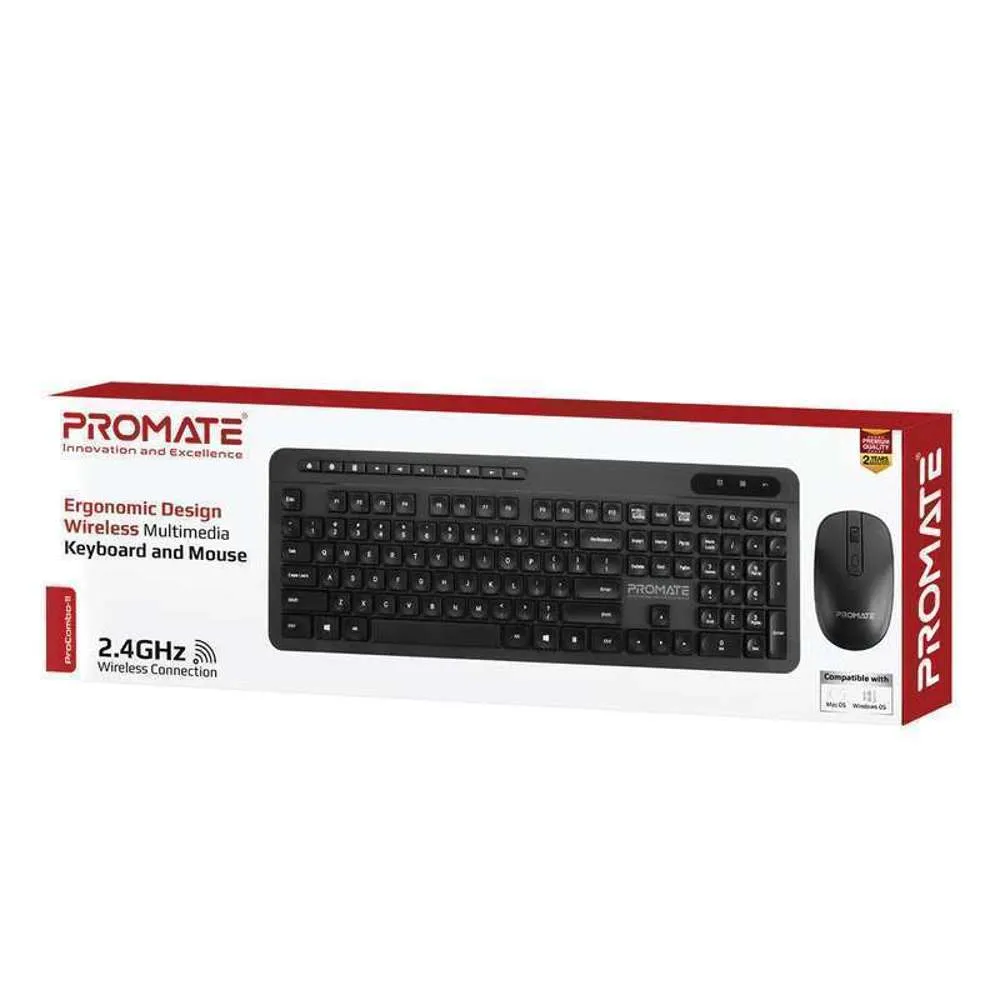 Promate Ergonomic Multimedia Wireless Keyboard Mouse Combo Black/English