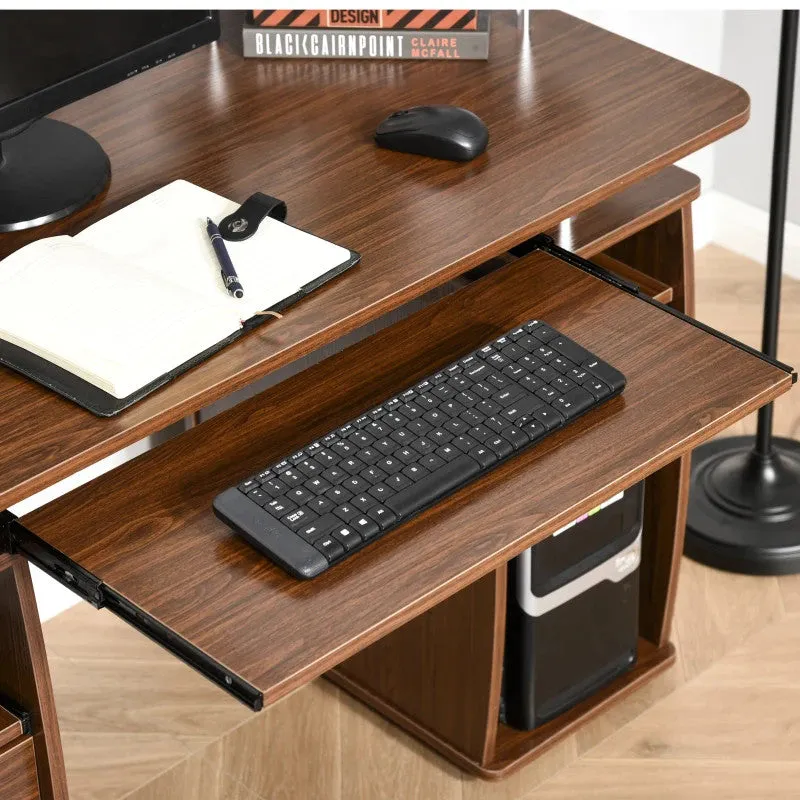 ProperAV Extra Office Desk with Keyboard Tray, Shelves & Drawers - Brown