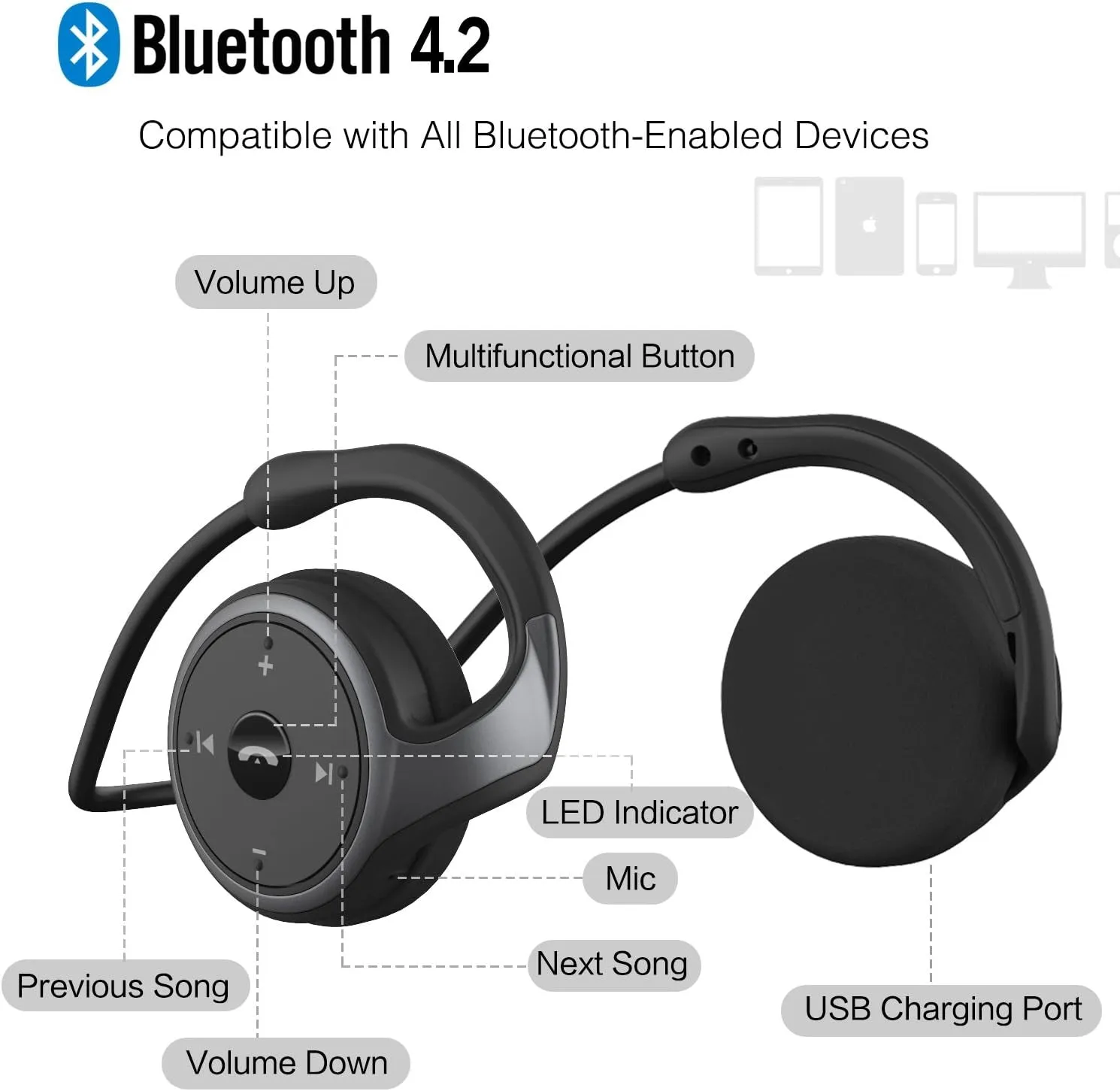 RTUSIA Small Bluetooth Headphones Wrap around Head - Sports Wireless Headset with Built in Microphone and Crystal-Clear Sound, Foldable and Carried in the Purse, and 12-Hour Battery Life, Black