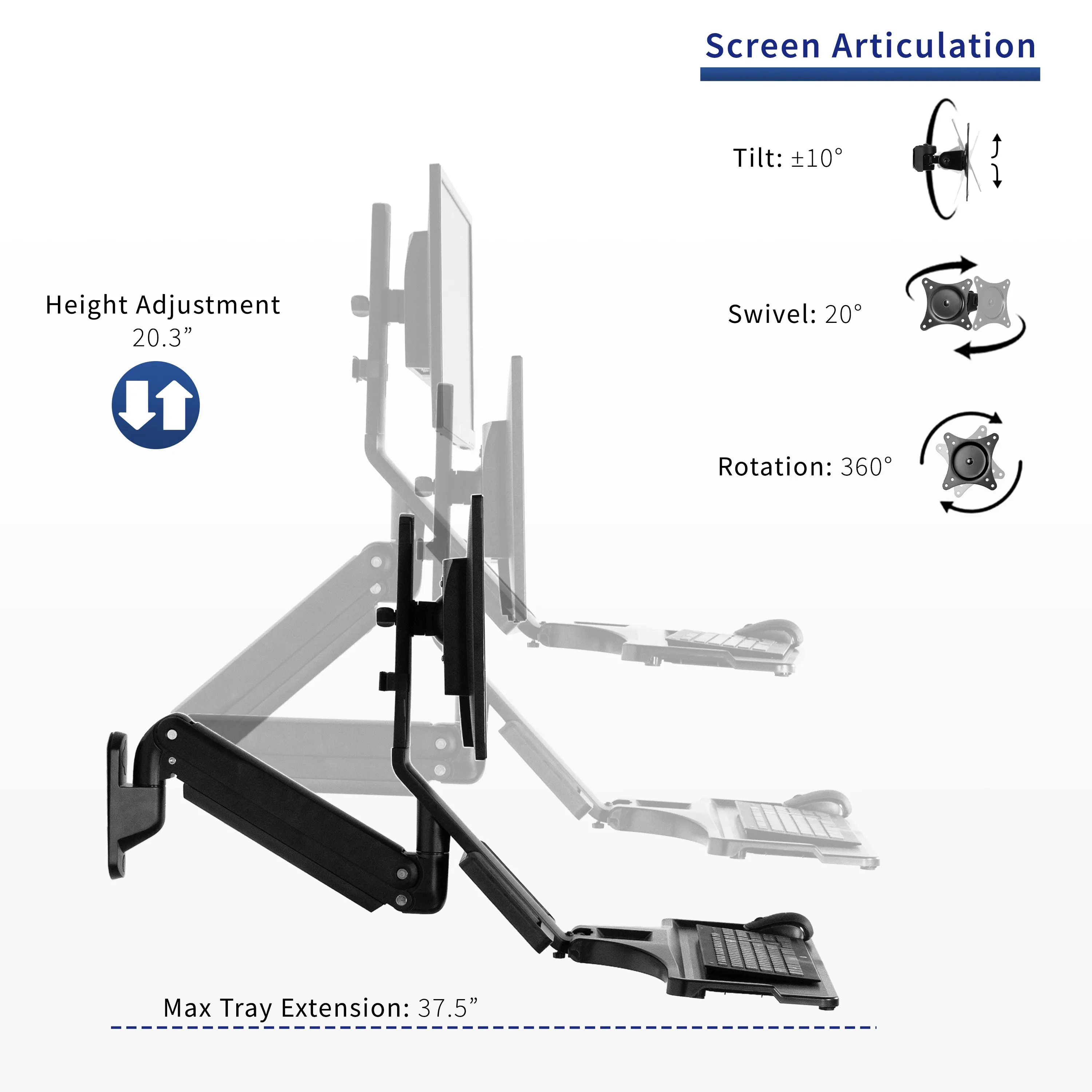 Single Monitor Sit to Stand Wall Mount Workstation