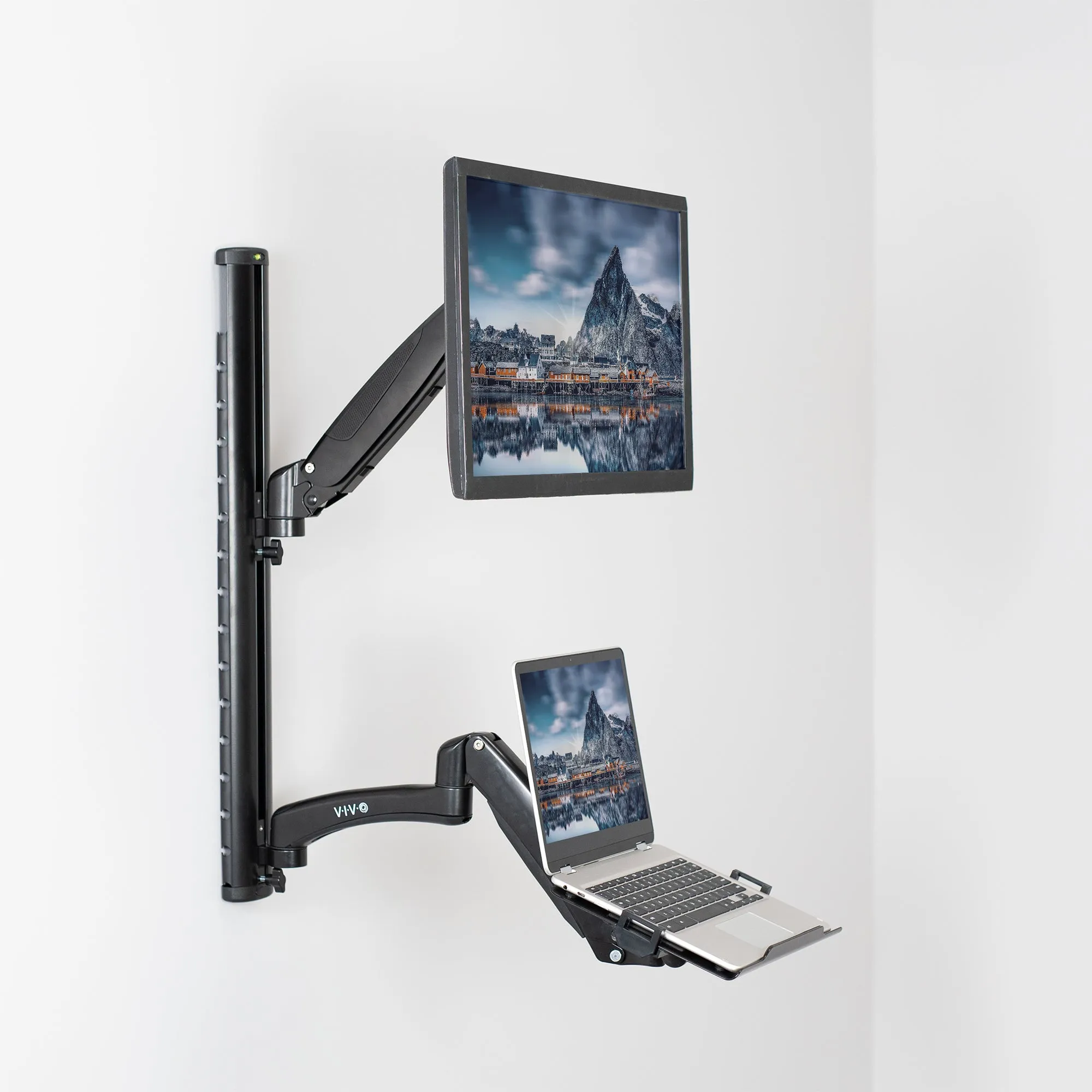 Sit to Stand Single Monitor & Laptop Wall Mount Workstation - Up to 27" Screens, 17.3" Laptops