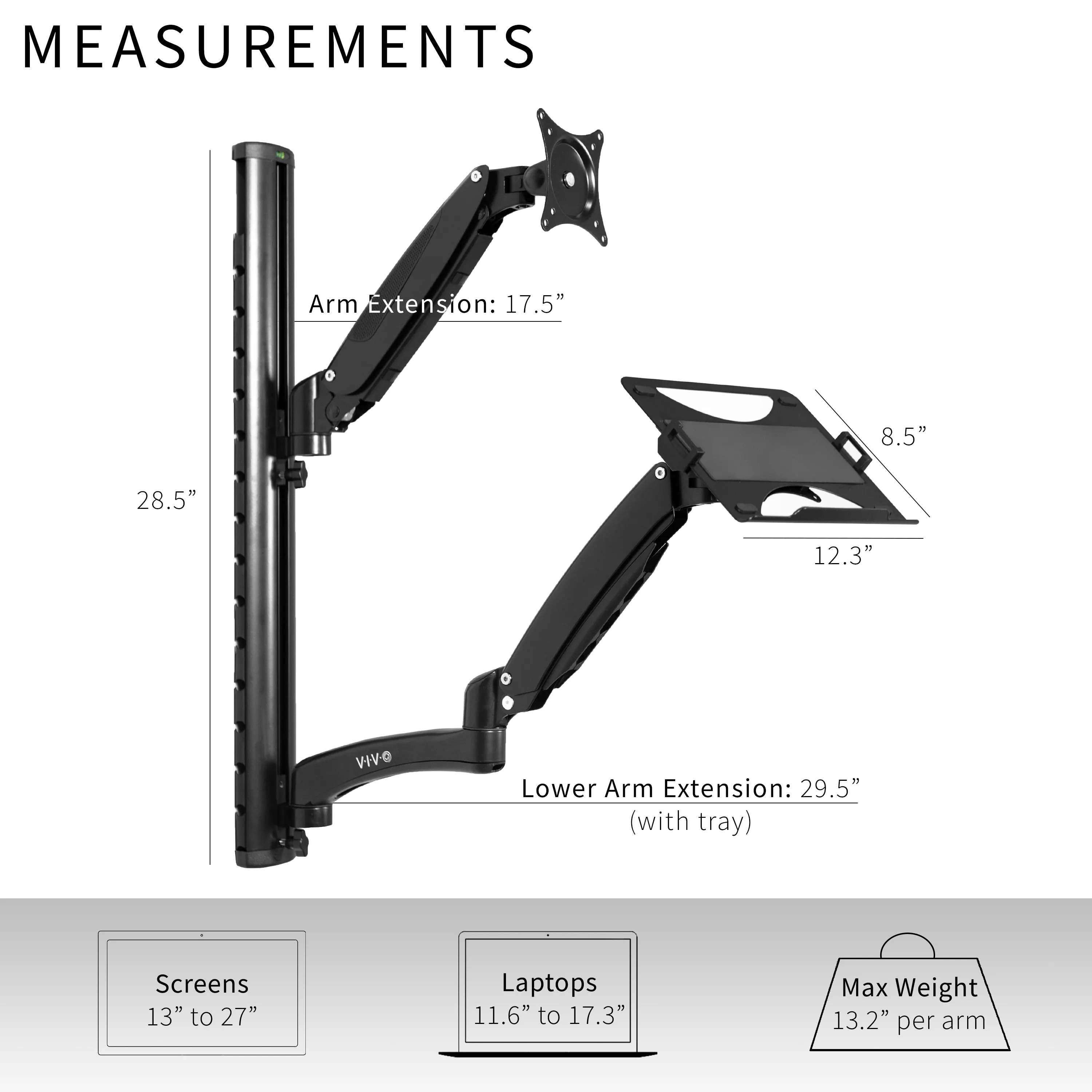 Sit to Stand Single Monitor & Laptop Wall Mount Workstation - Up to 27" Screens, 17.3" Laptops