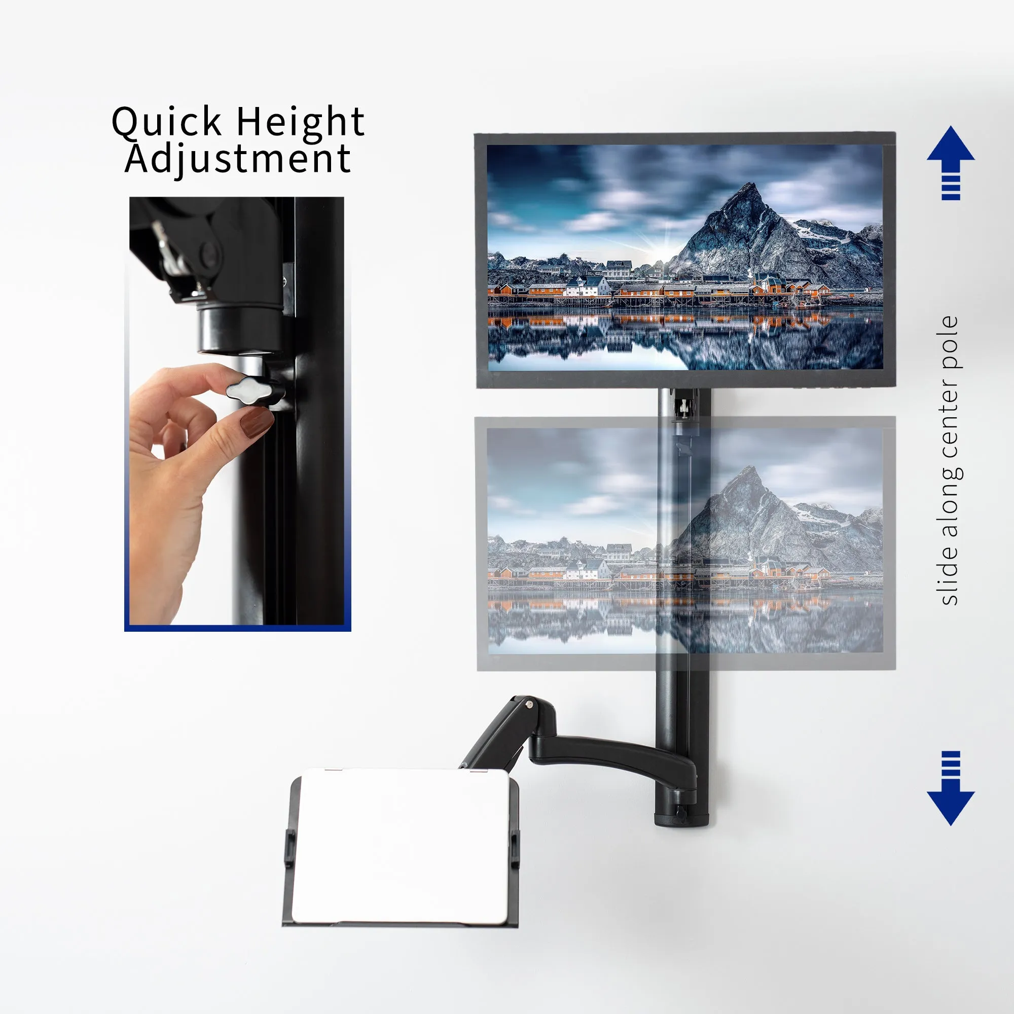 Sit to Stand Single Monitor & Laptop Wall Mount Workstation - Up to 27" Screens, 17.3" Laptops