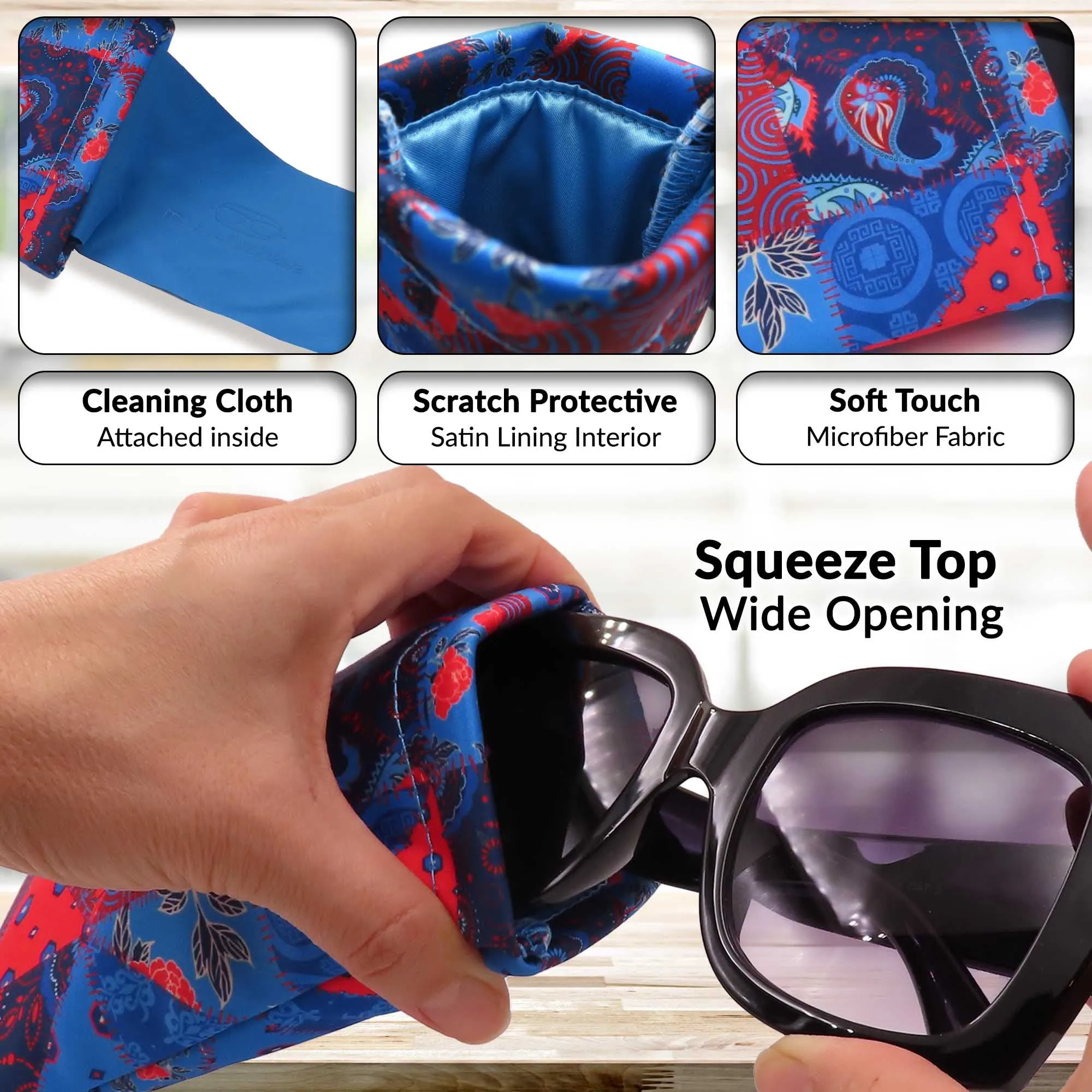 Soft Sunglasses Case | Large Eyeglass Pouch in Microfiber Print | Smart Phone Passport Holder Pouch | Earbud / Phone Charge (CT8 Patchwork)