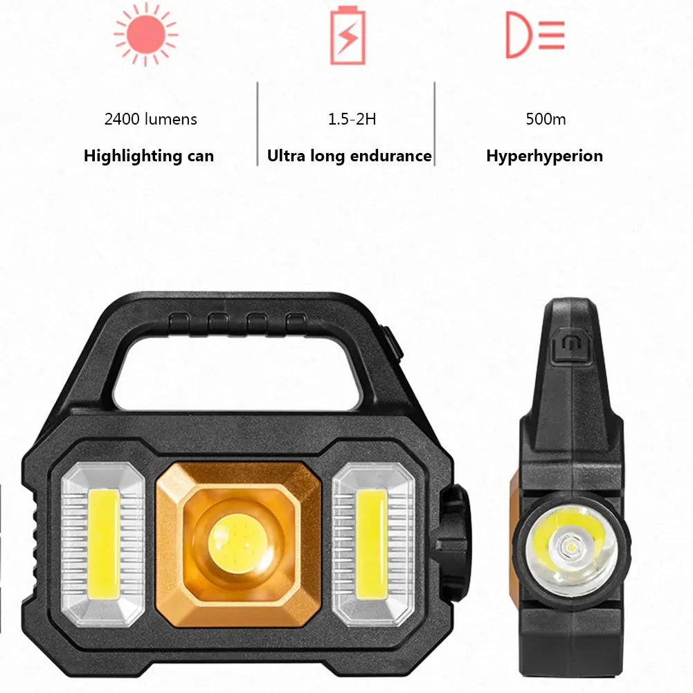 Solar Led Flashlight Power Bank Super Bright COB Work Lights Portable Searchlight USB Rechargeable Lantern Outdoor Camping Light