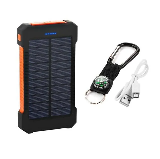 Solar Power Bank 10000mah Dual USB Li-Polymer Solar Battery Charger Waterproof - Travel With a compass LED light