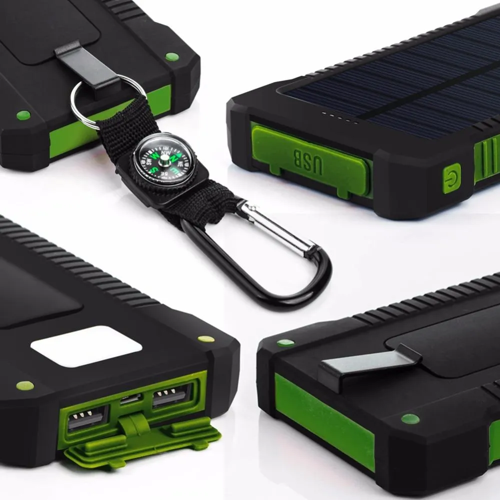 Solar Power Bank 10000mah Dual USB Li-Polymer Solar Battery Charger Waterproof - Travel With a compass LED light