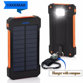 Solar Power Bank 10000mah Dual USB Li-Polymer Solar Battery Charger Waterproof - Travel With a compass LED light