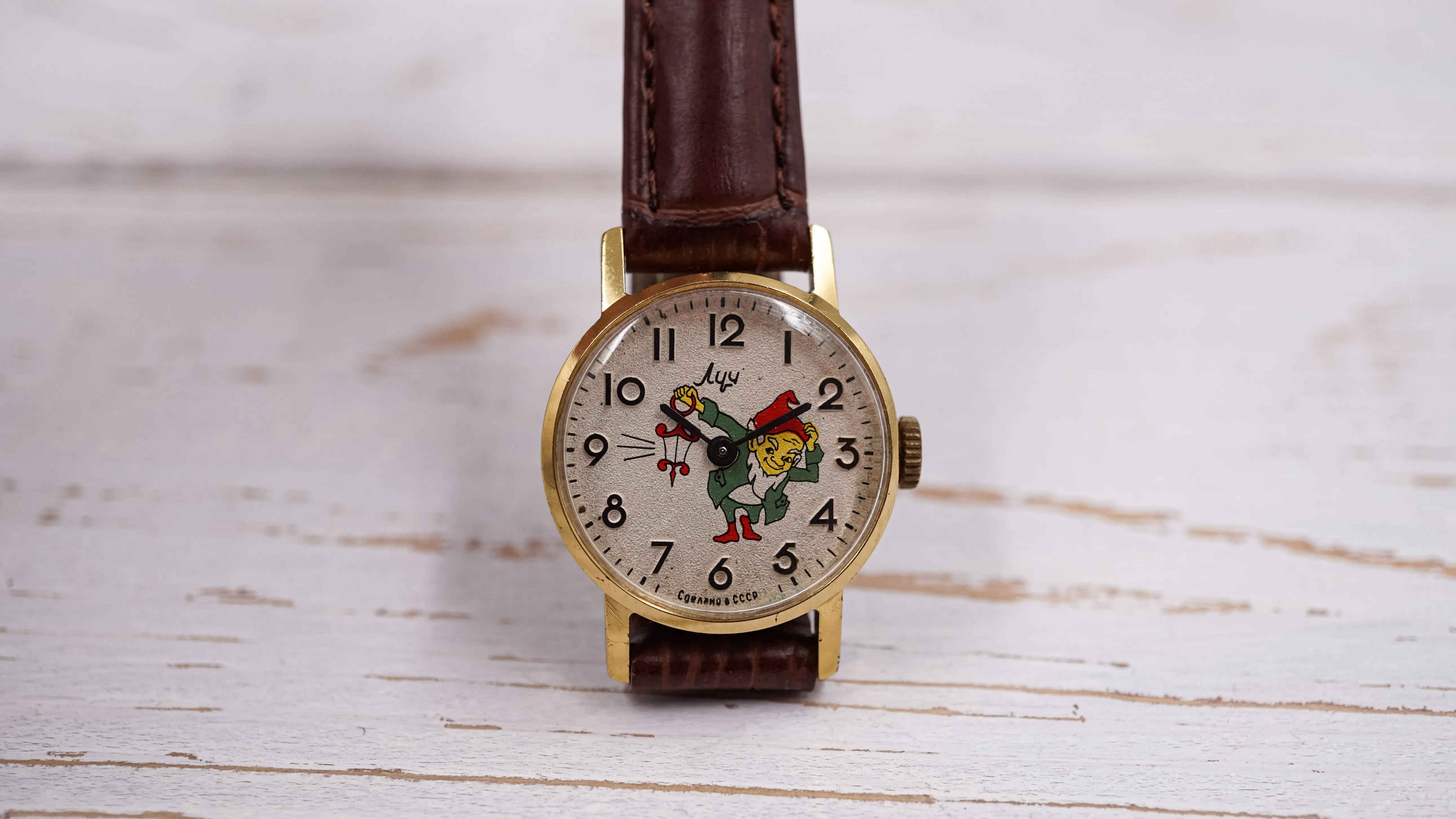 Soviet children's mechanical watch Luch Funny Gnome Dwarf wristwatch