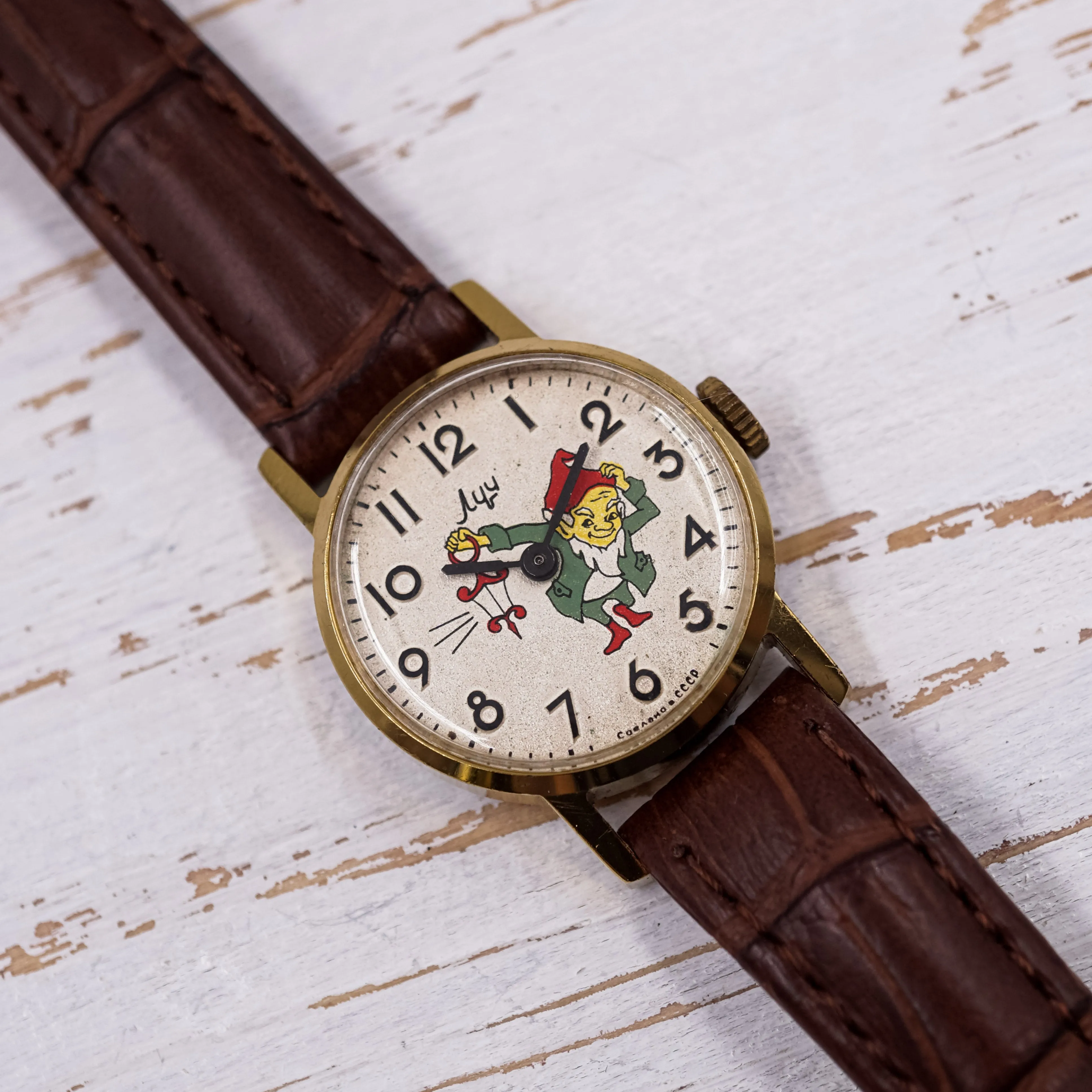 Soviet children's mechanical watch Luch Funny Gnome Dwarf wristwatch