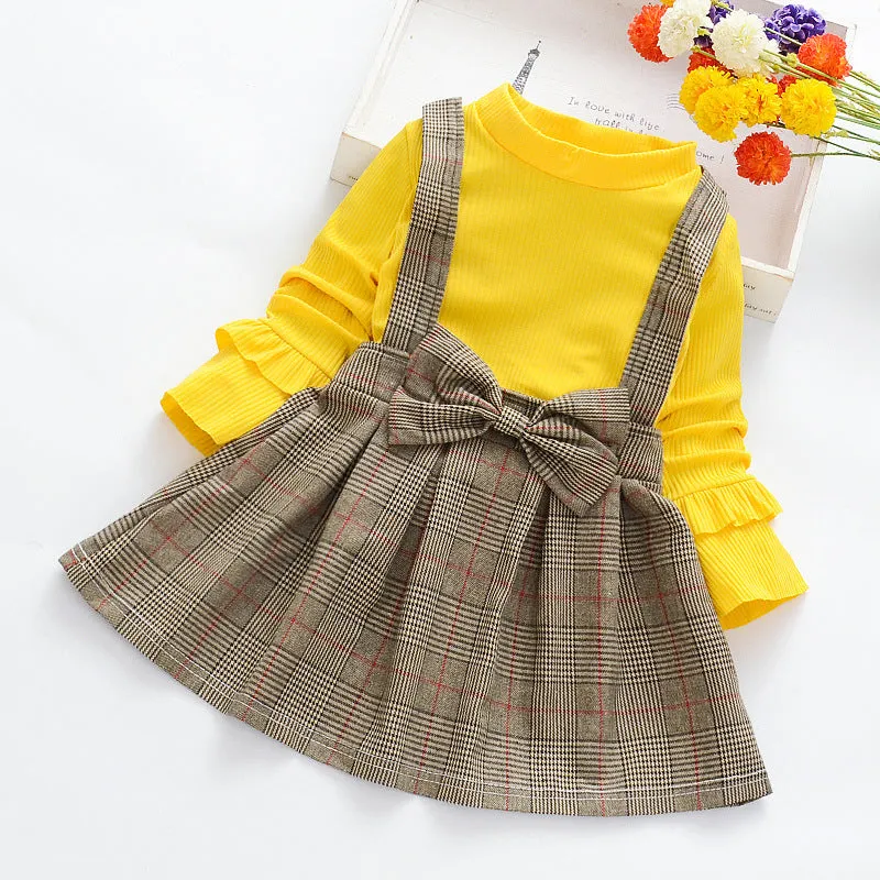 Spring Autumn Girls Long Sleeve Plaid Princess Dress with Bowknot