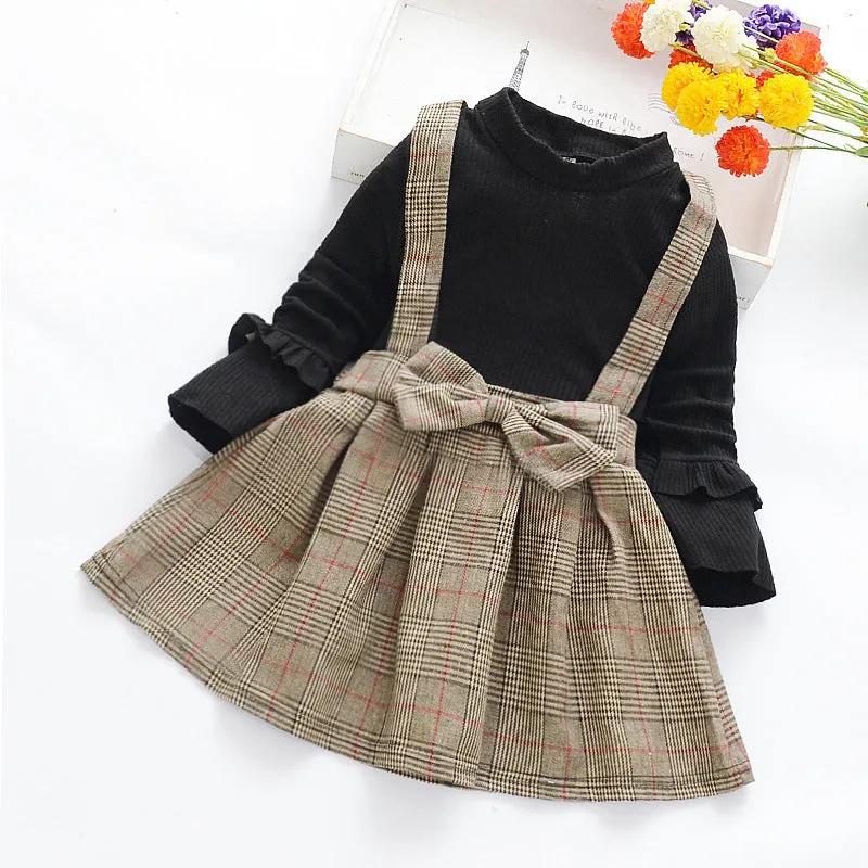 Spring Autumn Girls Long Sleeve Plaid Princess Dress with Bowknot