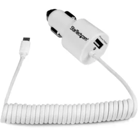 StarTech.com Dual-Port Car Charger - USB with Built-in Micro-USB Cable - White - 1 Pack - 21 W - 5 V DC/4.20 A Output