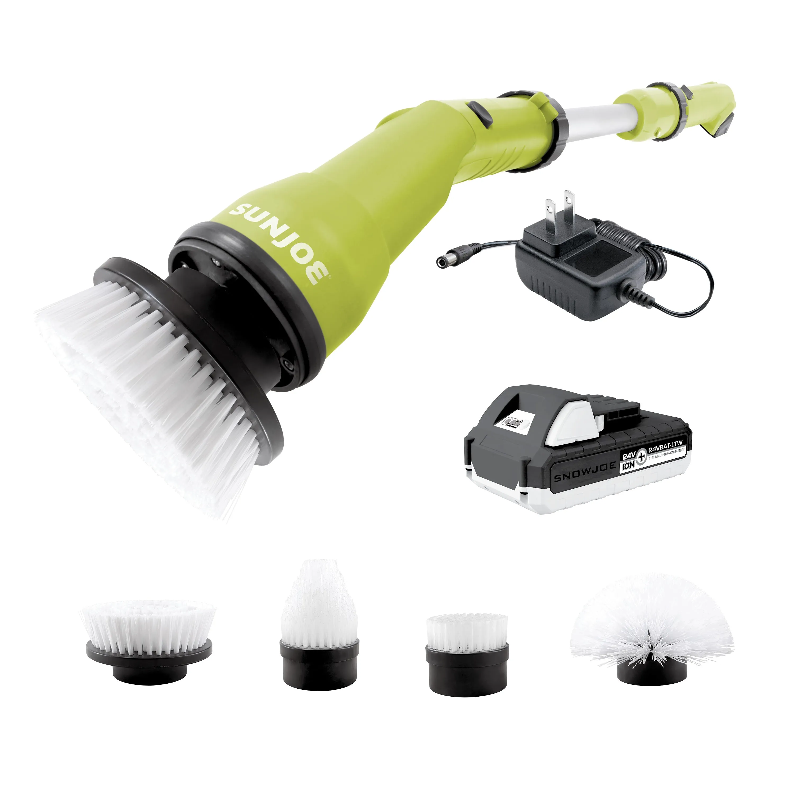 Sun Joe 24V-PWSCRB-LTW 24-Volt* IONMAX Cordless Heavy-Duty Indoor/Outdoor Power Scrubber | 4 Cleaning Attachments | Multi-Purpose 1000-OPM Oscillating Scrubber Head | For Grout, Tile, Bathtubs, Tire Rims & More | W/ 1.3-Ah Battery   Charger