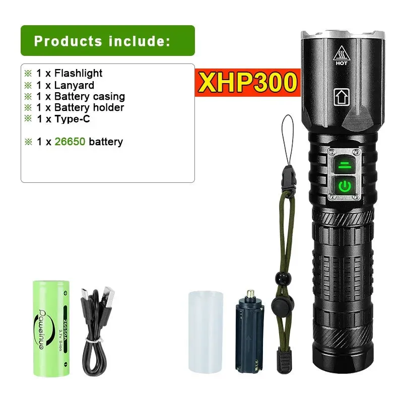 Super XHP300 Most Powerful LED Flashlight USB Rechargeable Torch XHP100 Tactical High Power Led Flashlight 18650 Hand Lamp Light