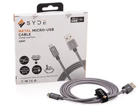 SYDE METAL Micro USB Cable 2.0 (5ft) - Reinforced, Quick Charge 3.0 Compatible, Premium, Military-Grade, Double-Nylon Braided, rapid charger for Samsung, Nexus, Motorola, Android (Gray)