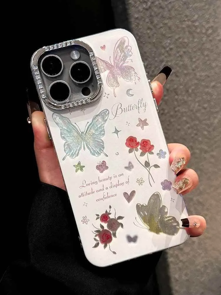 TSP185 Cute Phone Cases For iPhone 15, 14, 11, 12, 13 Pro Max, and 14 Plus - Laser Butterfly, and Shinny Flower Pattern