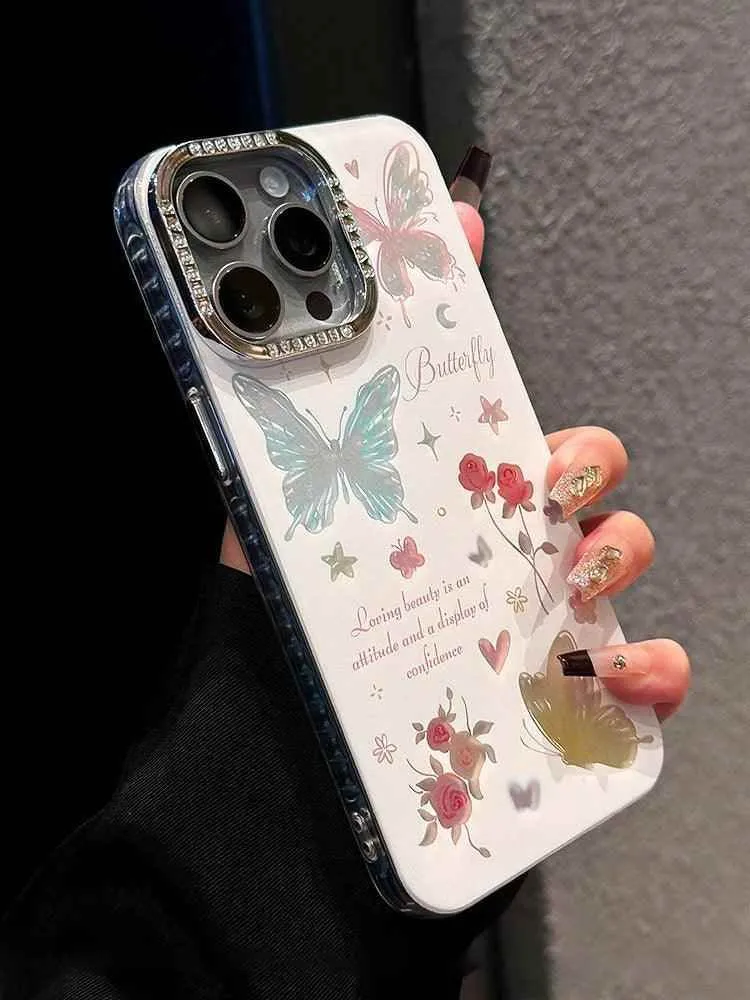 TSP185 Cute Phone Cases For iPhone 15, 14, 11, 12, 13 Pro Max, and 14 Plus - Laser Butterfly, and Shinny Flower Pattern