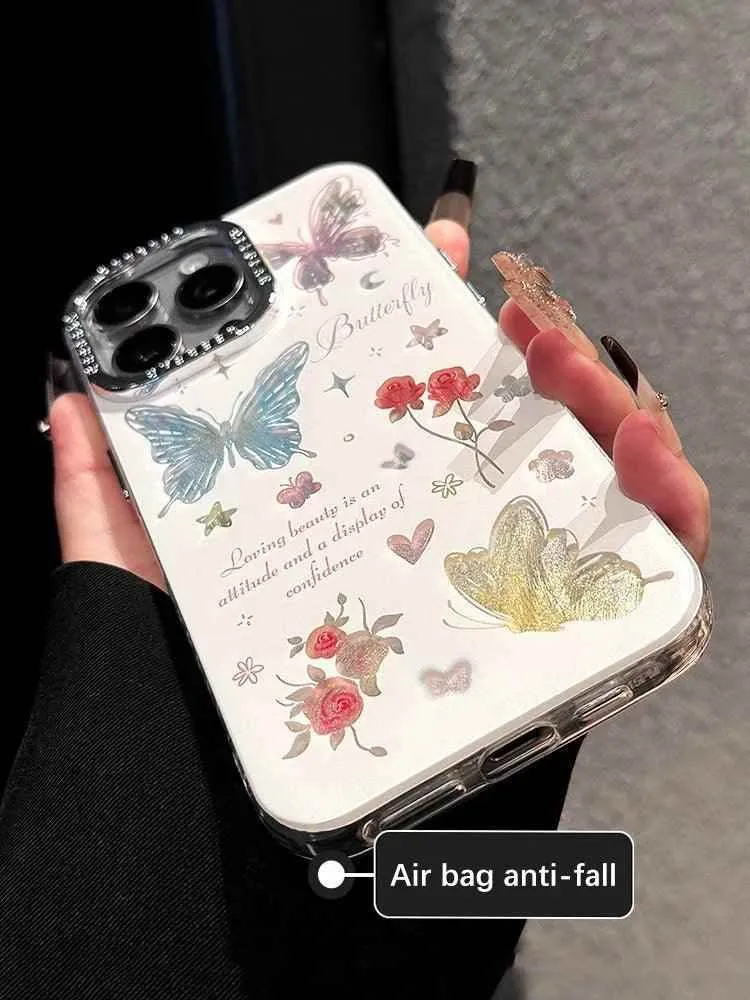 TSP185 Cute Phone Cases For iPhone 15, 14, 11, 12, 13 Pro Max, and 14 Plus - Laser Butterfly, and Shinny Flower Pattern